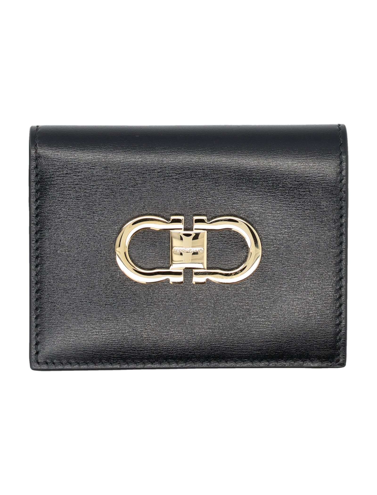 Shop Ferragamo Double Gancio Bicolor Wallet In Nero + Flame Red