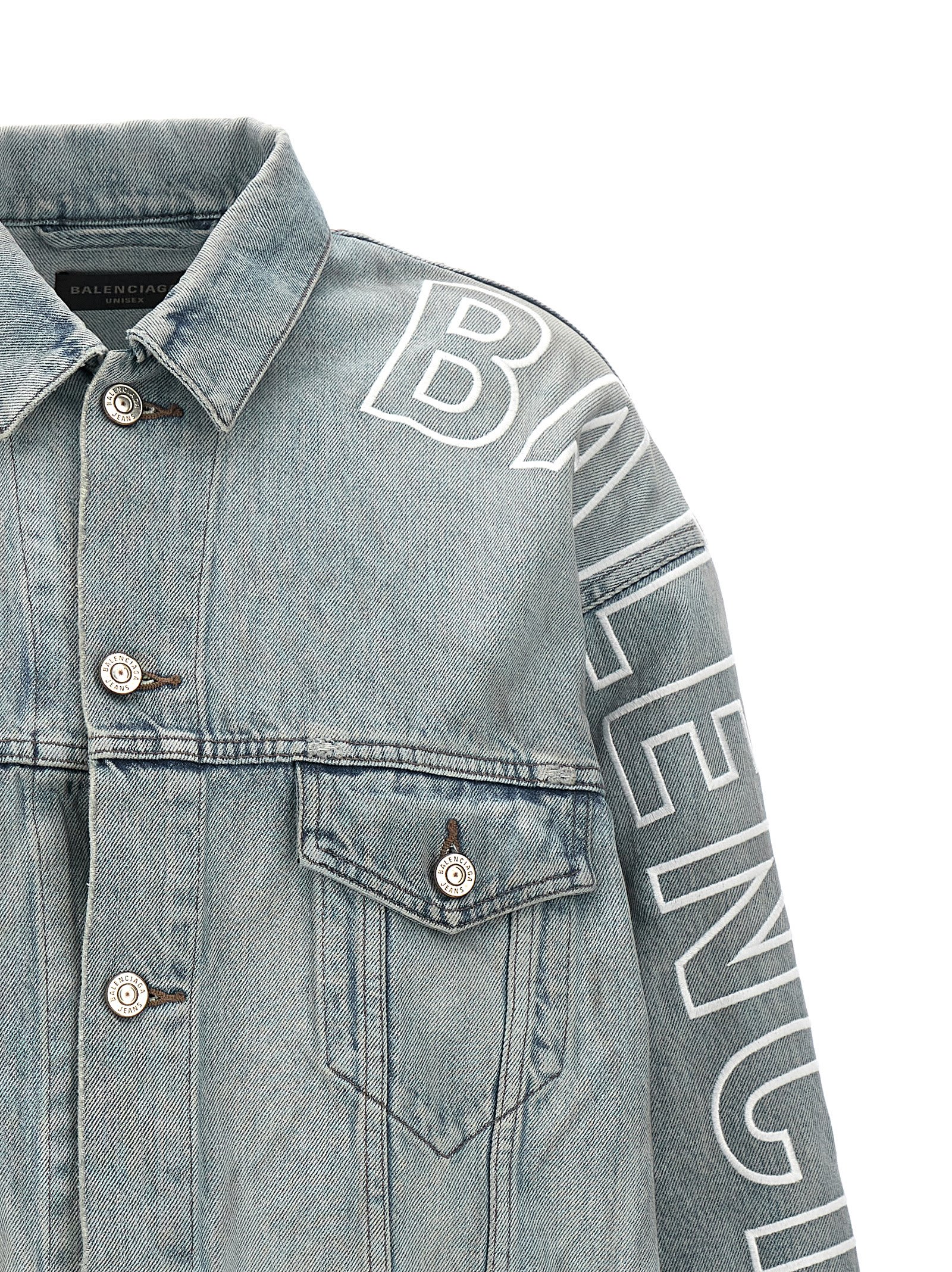 Shop Balenciaga Logo Embroidery Denim Jacket In Light Blue