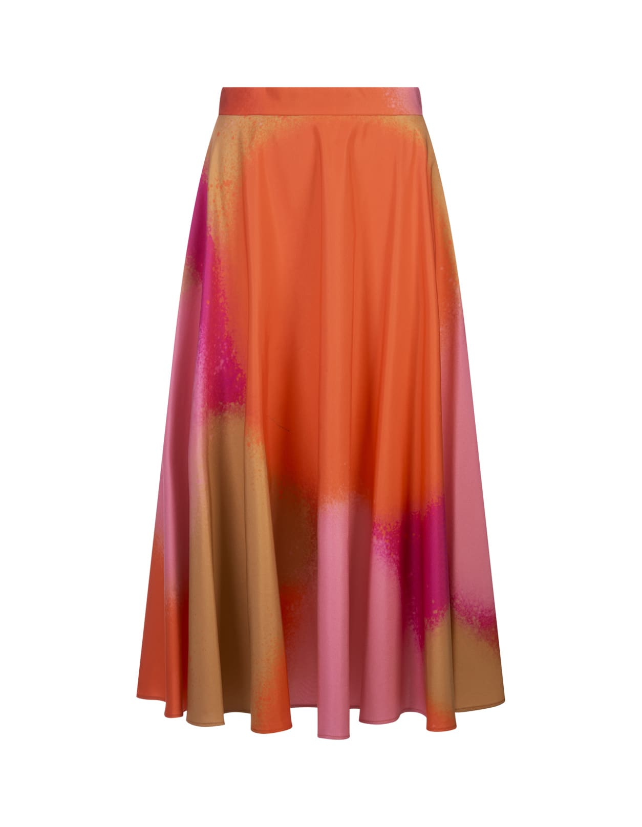 Printed Orange Silk Midi Skirt
