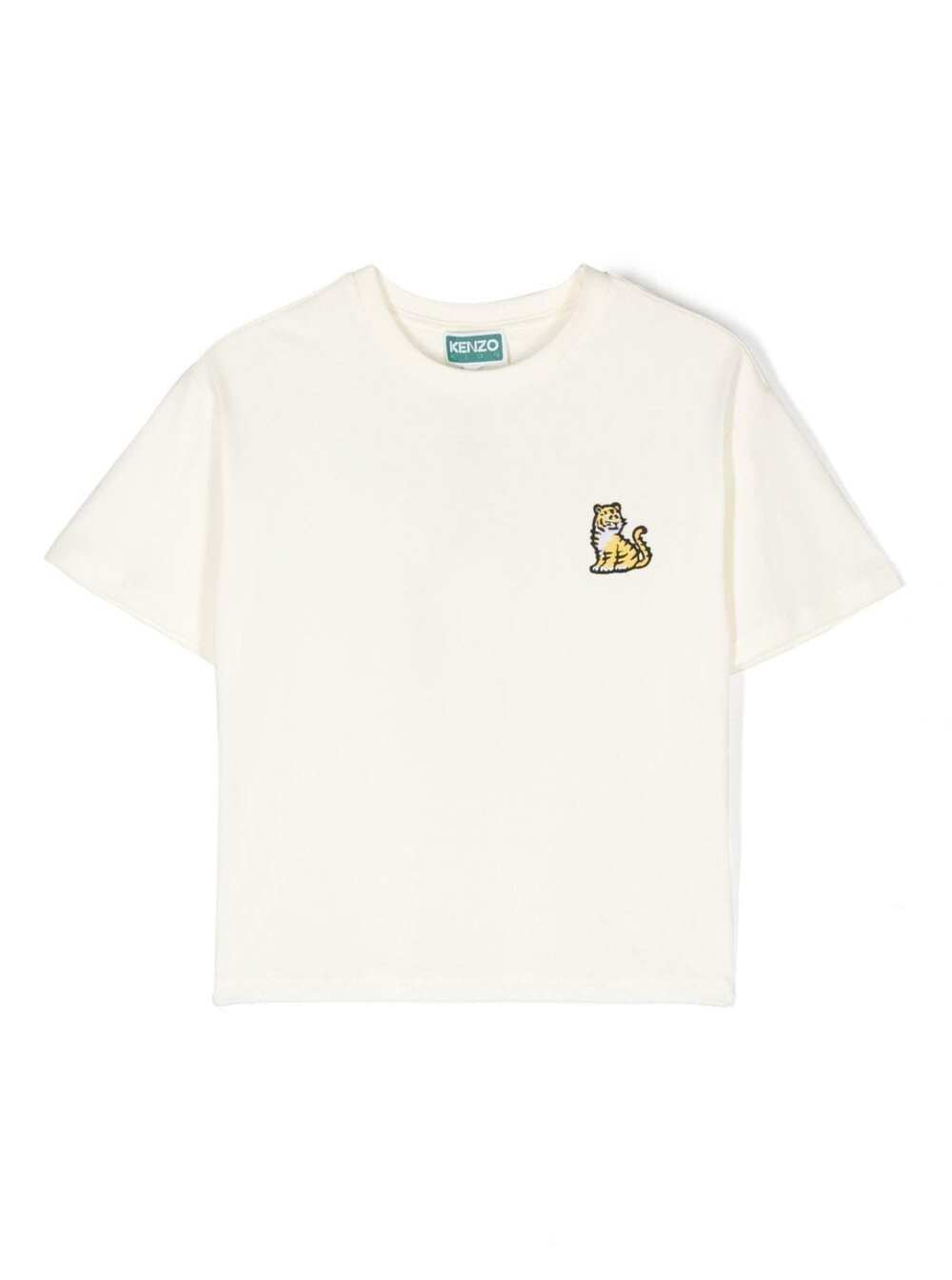 KENZO WHITE T-SHIRT WITH TIGER AND LOGO PRINT IN COTTON GIRL