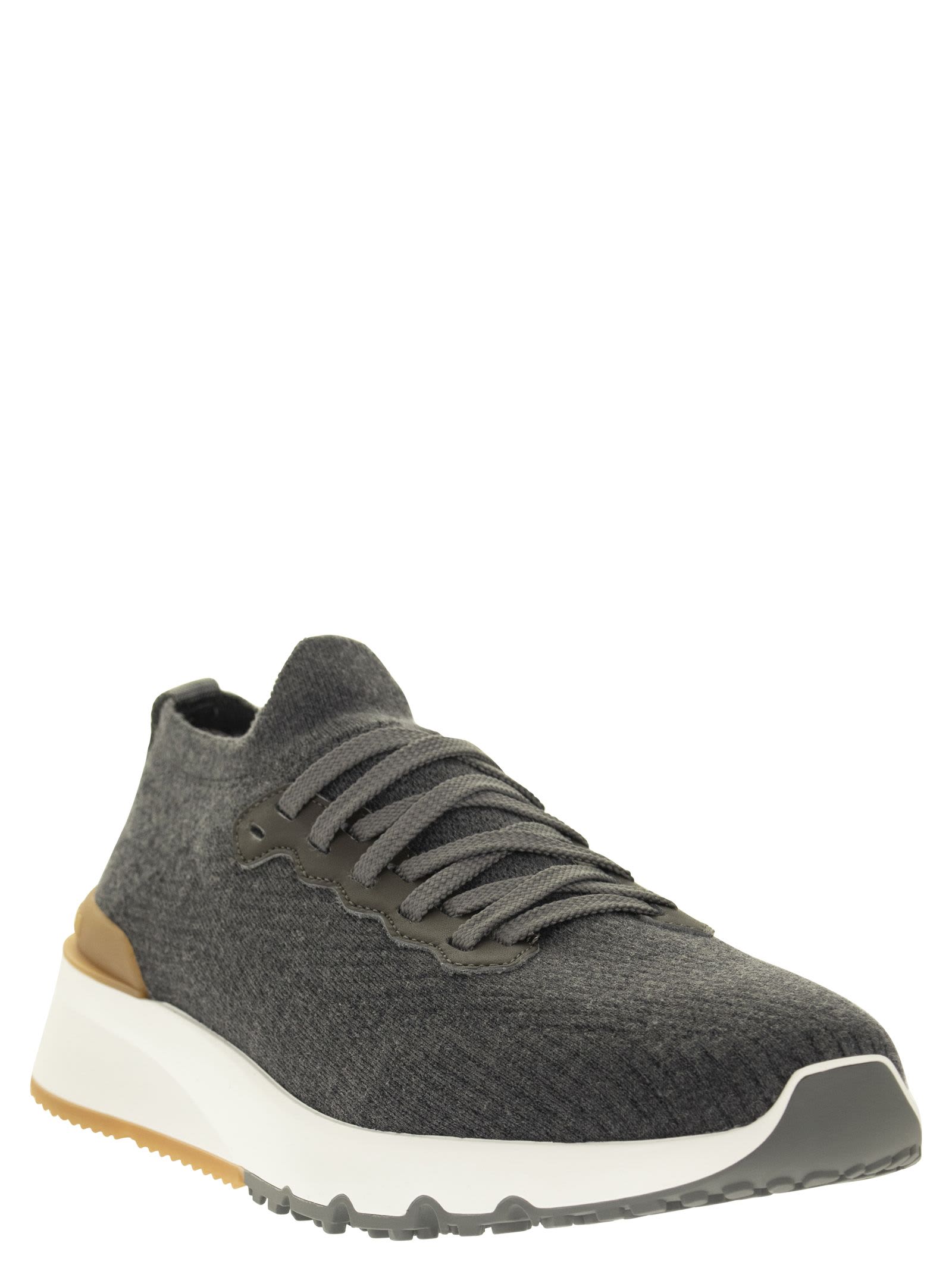 Shop Brunello Cucinelli Runners In Cotton Knit And Semi-glossy Calf Leather In Dark Grey