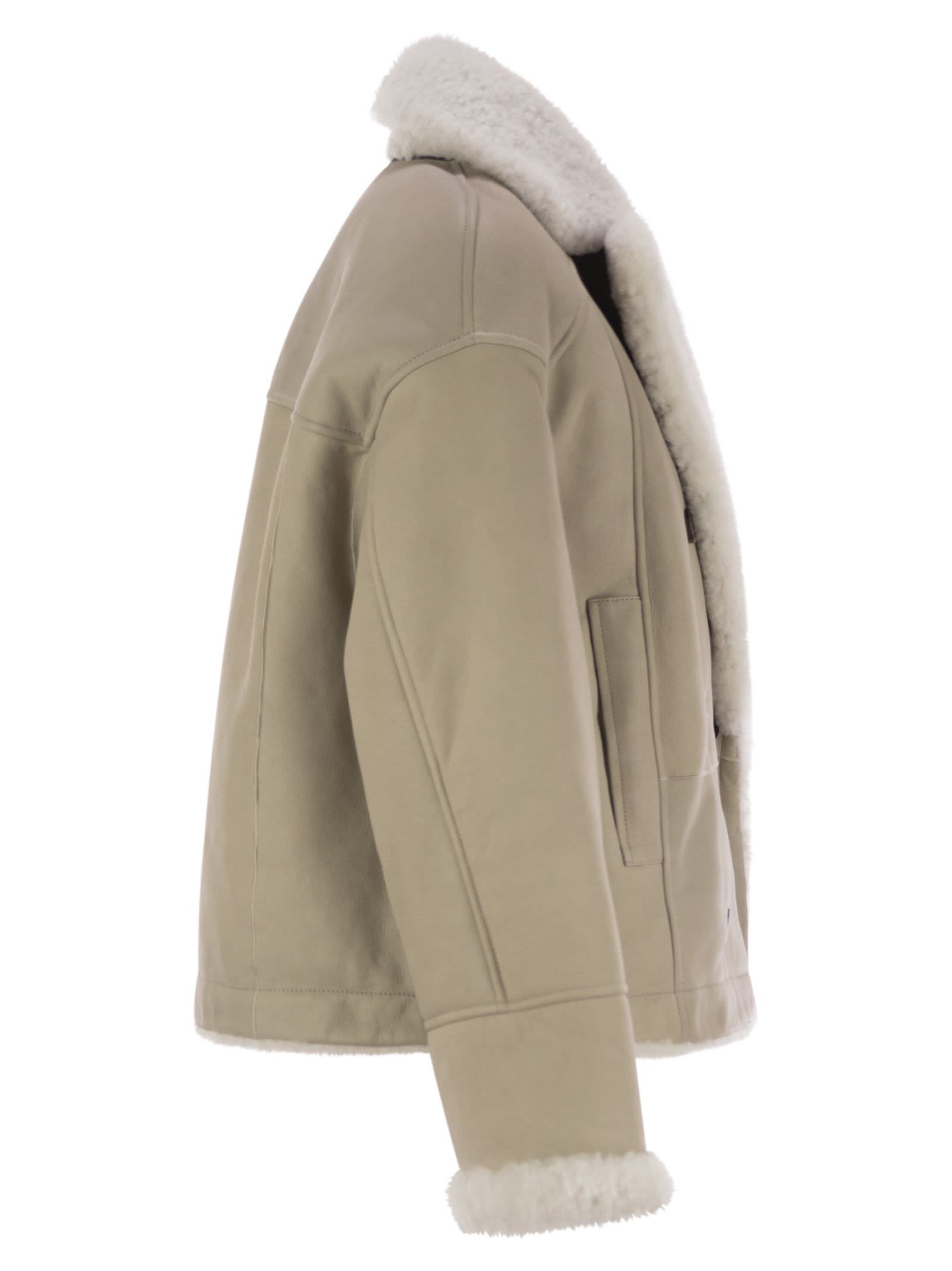 Shop Brunello Cucinelli Reversible Fuzzy Shearling Outerwear With Jewellery In Oat