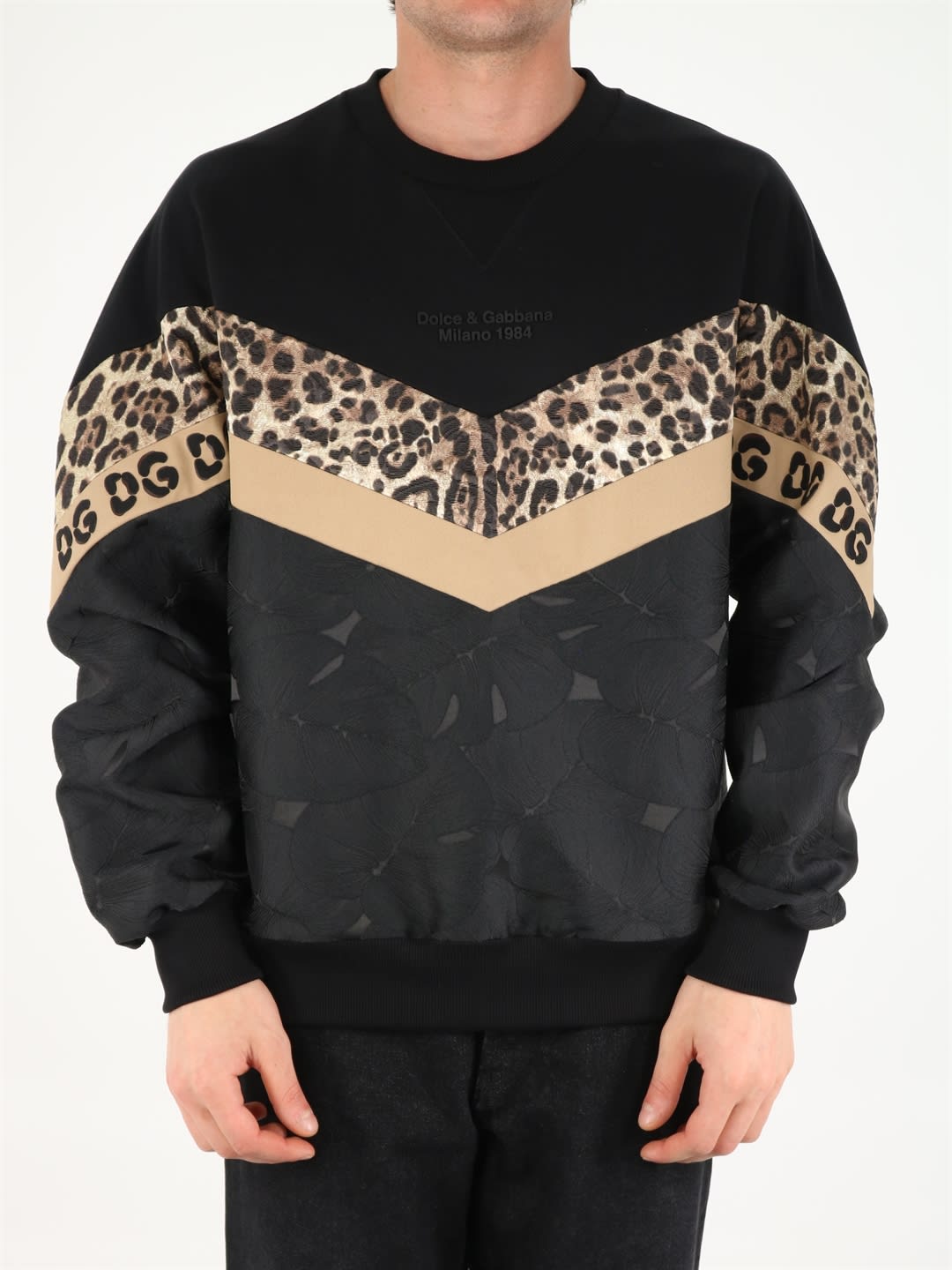 Dolce & Gabbana Mixed Fabric Sweatshirt With Leopard Intarsia With Patch