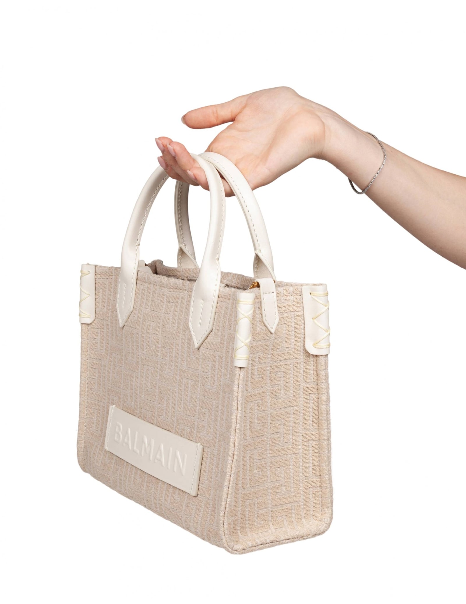Balmain B-army 36 Monogrammed Canvas Jacquard And Leather Tote Bag In Neutral