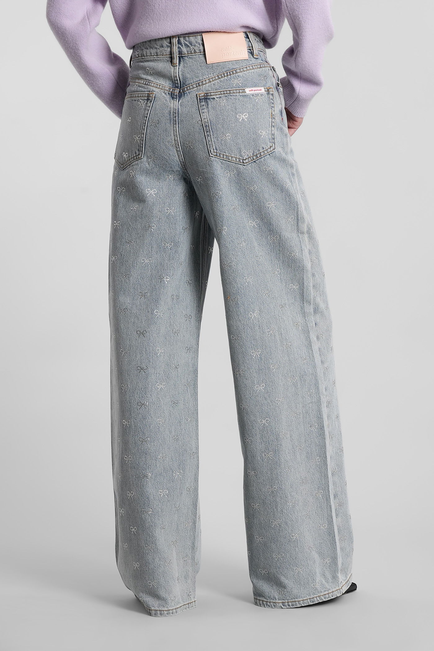 Self-portrait Light Blue Wide-leg Jeans With Crystal Embellishment And Classic Five-pocket Design In Gray