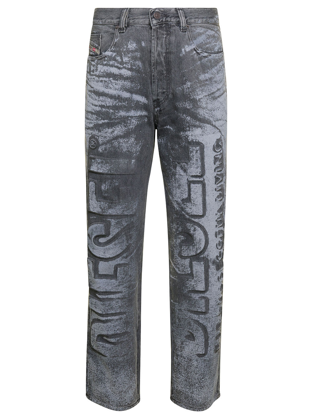 DIESEL GREY STRAIGHT JEANS WITH BLEACHED EFFECT AND LOGO LETTERING PRINT IN COTTON BLEND DENIM MAN