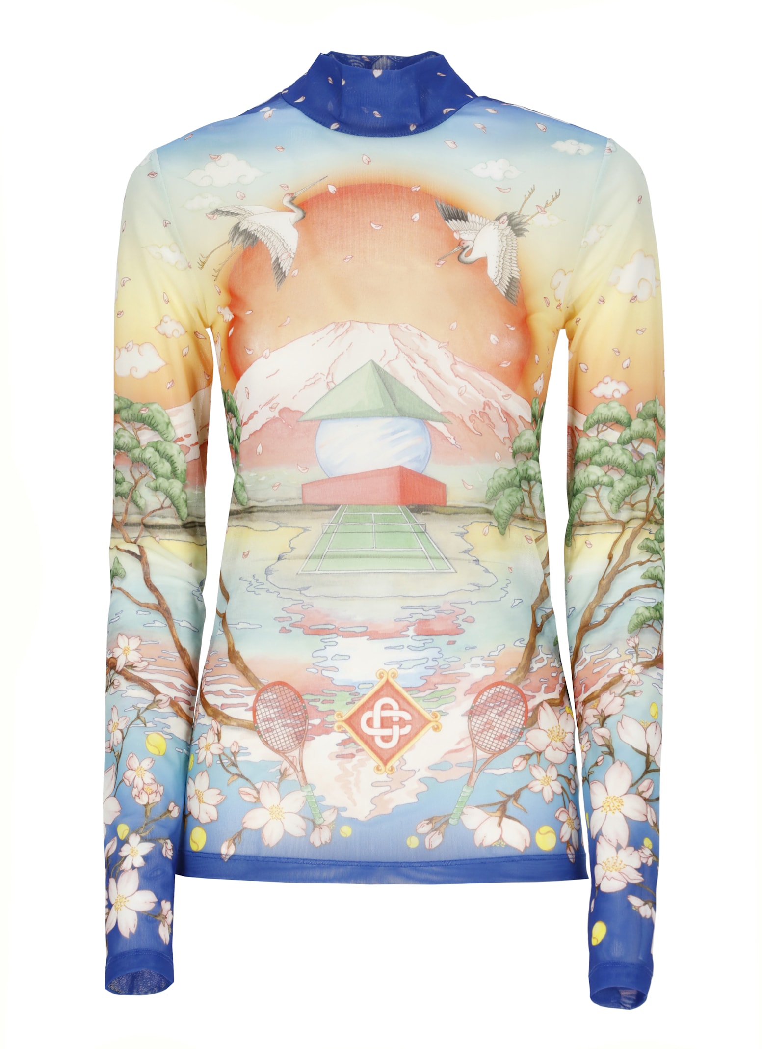 Casablanca High Neck Tulle Top With Multicolor Landscape Print In Animal Print