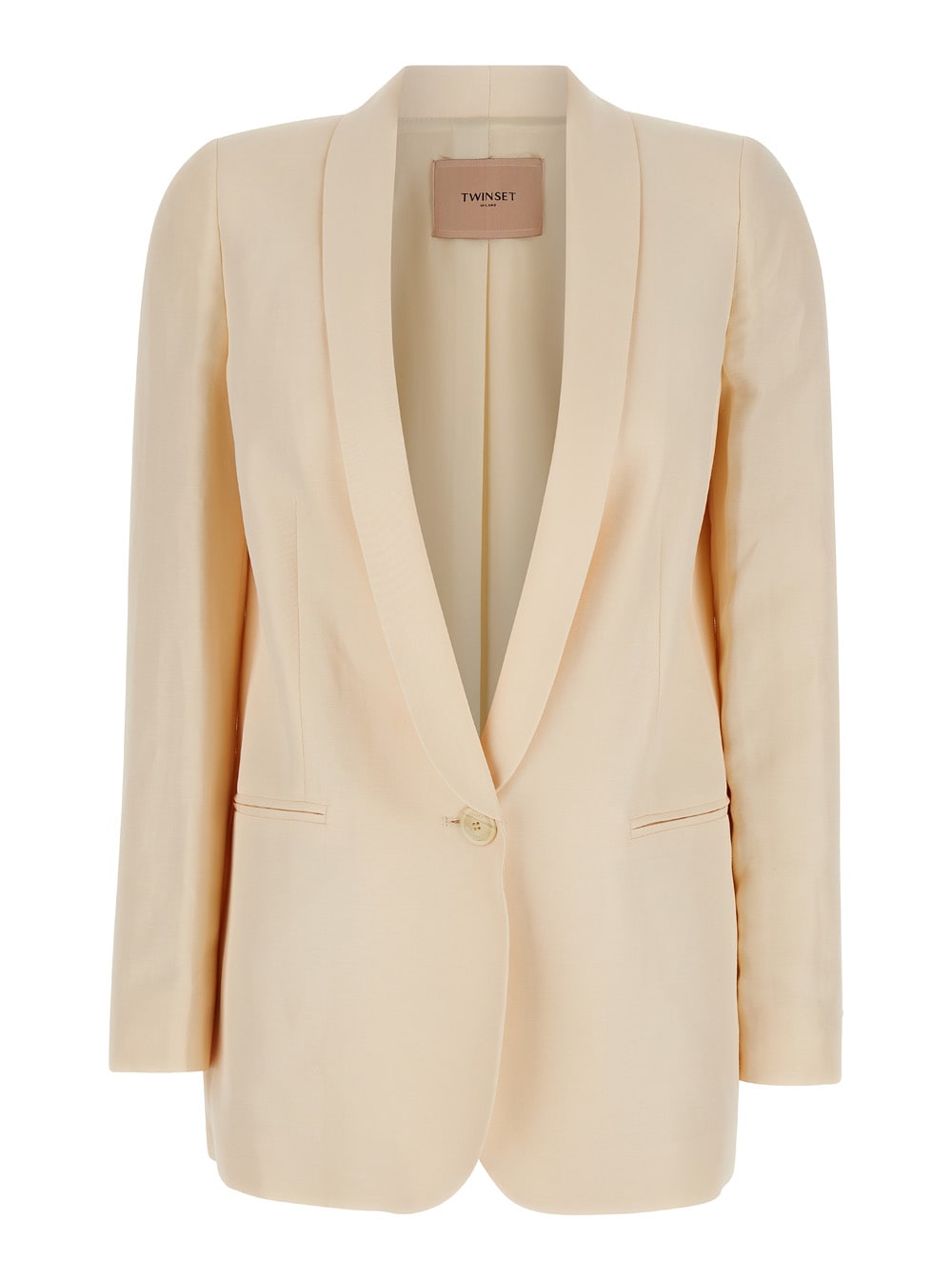Beige Single-breasted Jacket With Shawl Neckline In Linen Blend Woman