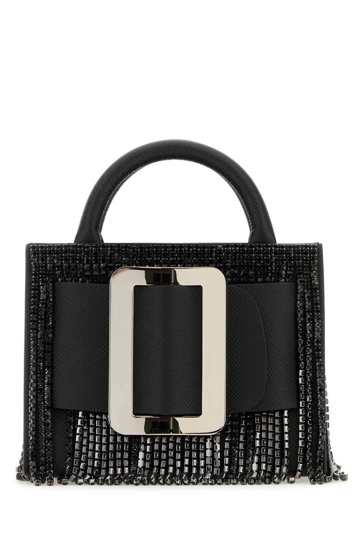 Black Leather Bobby 18 Crystal Flapper Handbag