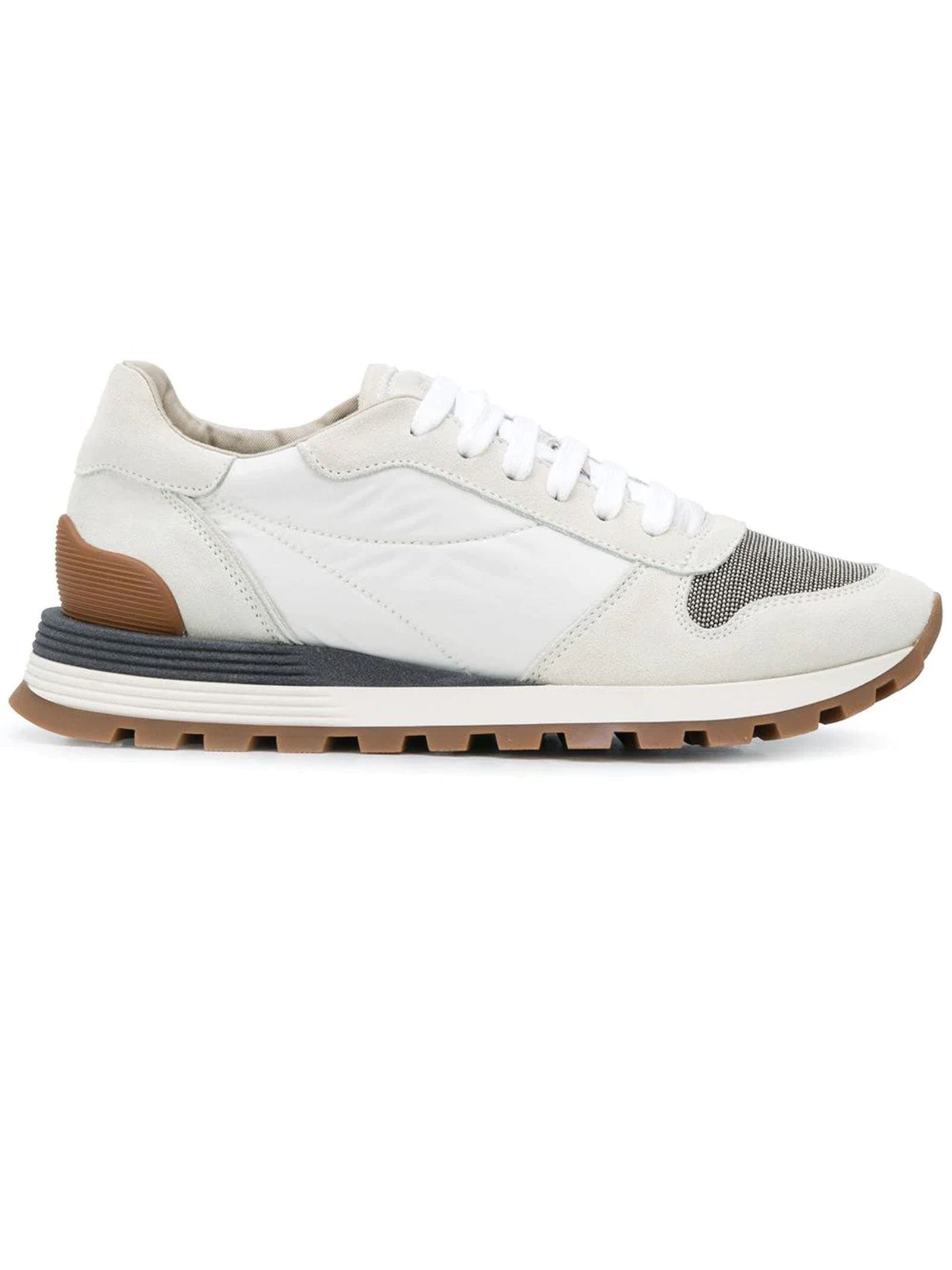 Brunello Cucinelli White Leather And Nylon Sneakers
