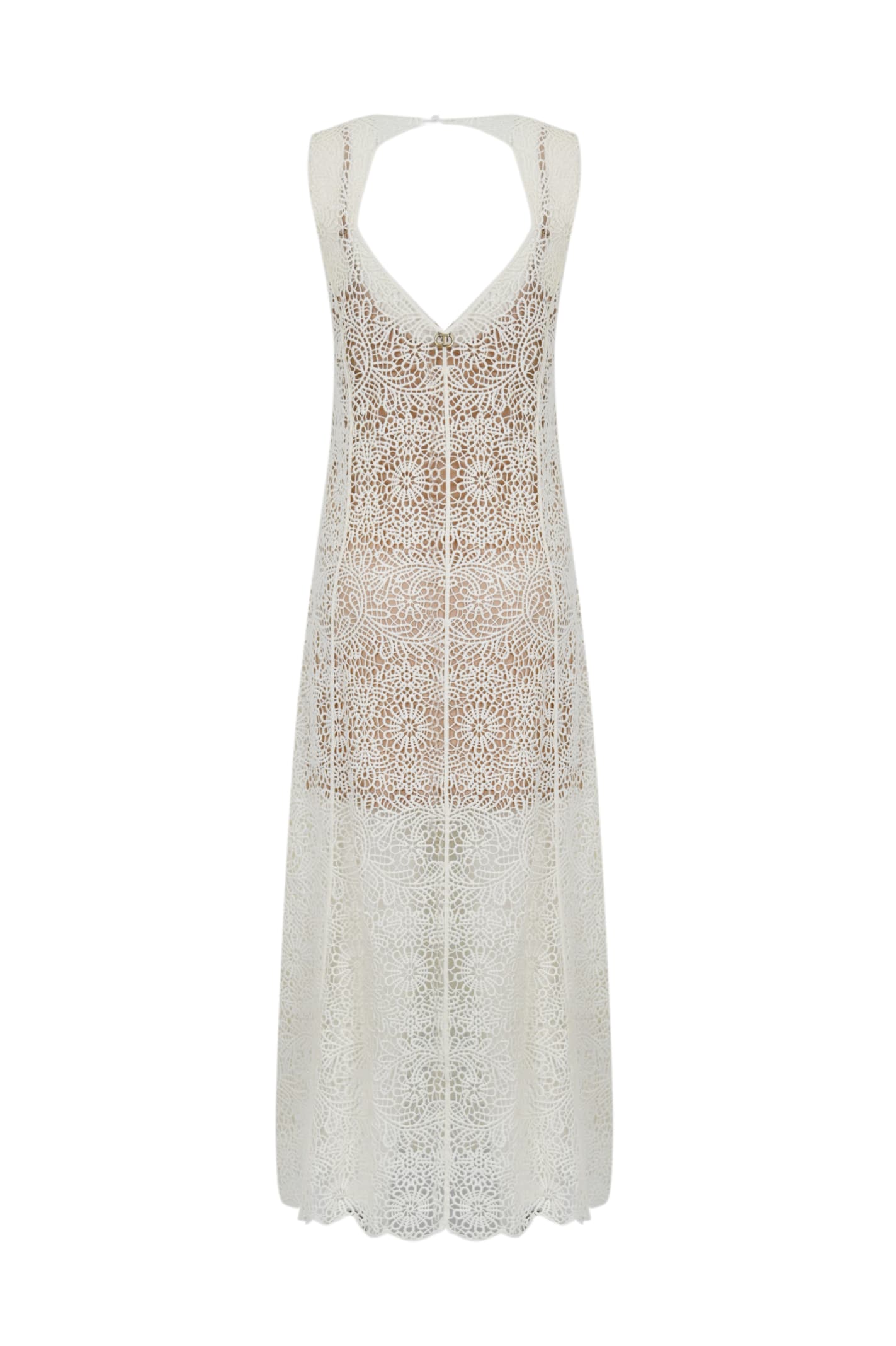 Shop Twinset Long Crochet Dress In Bianco Ottico