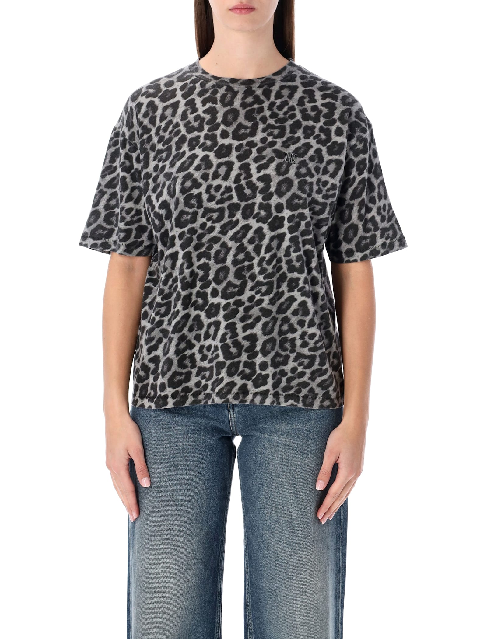 Anine Bing Grey Leopard Print Cotton Cohen Tee In Black