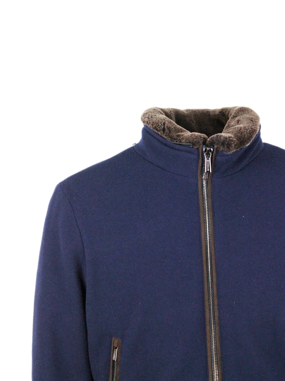 Moorer Padded Fleece Zip-up Jacket With Detachable Faux-fur Collar In Blue