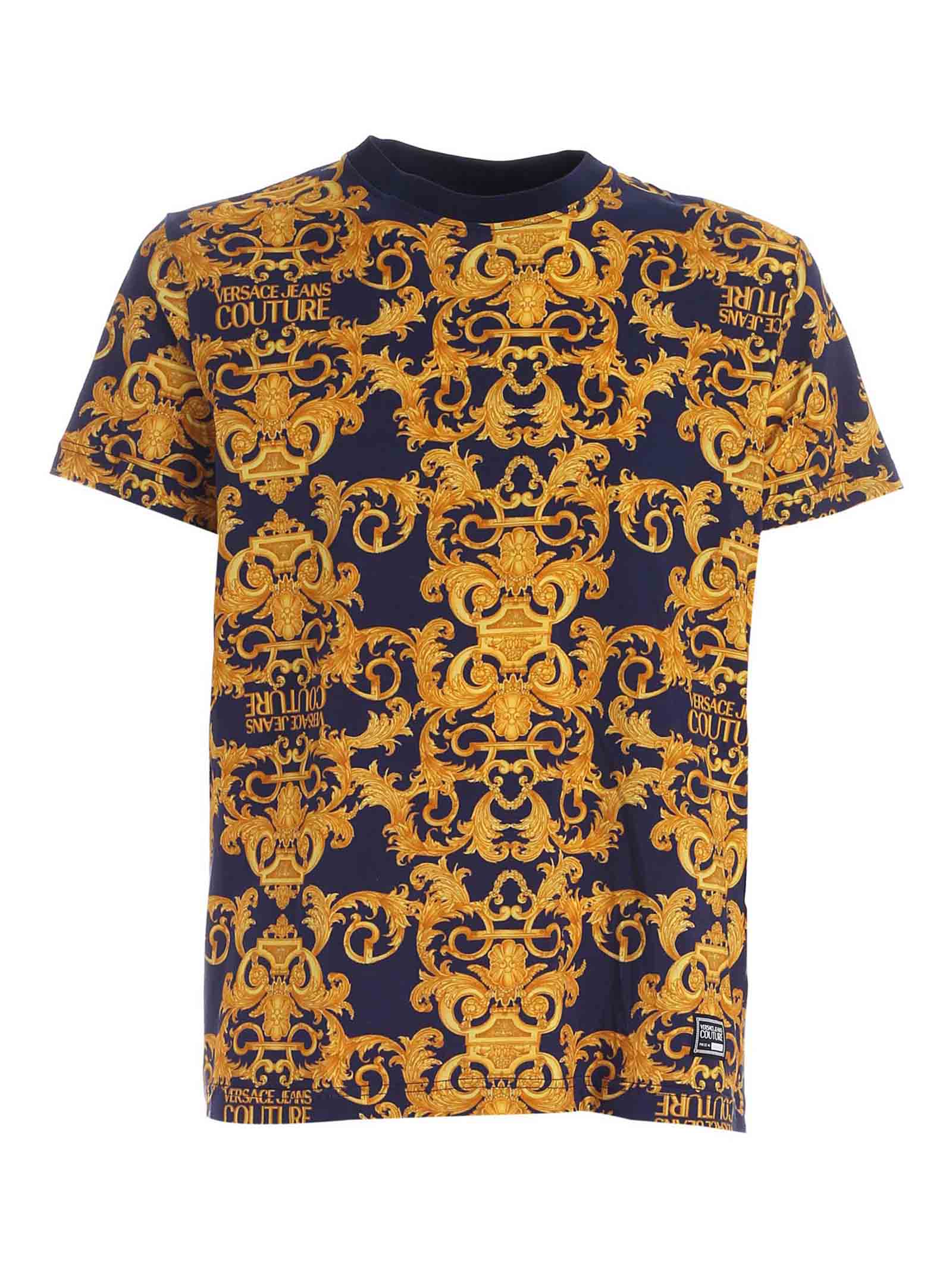 VERSACE JEANS COUTURE LOGO BAROQUE PRINT T-SHIRT IN BLUE,B3GWA7S0S0155200