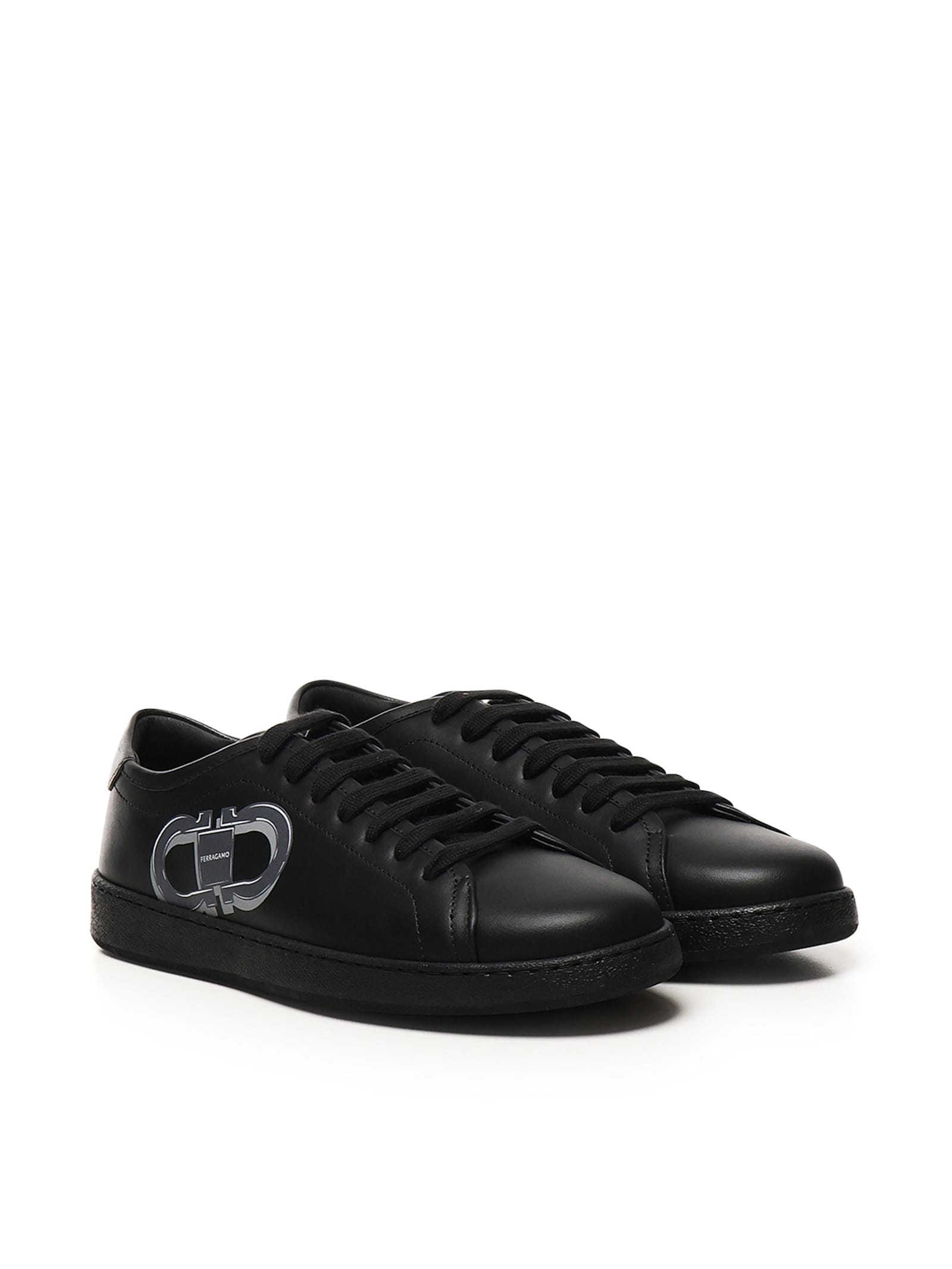 Ferragamo Leather Low-top Brandy Sneakers With Rubber Sole In Nero