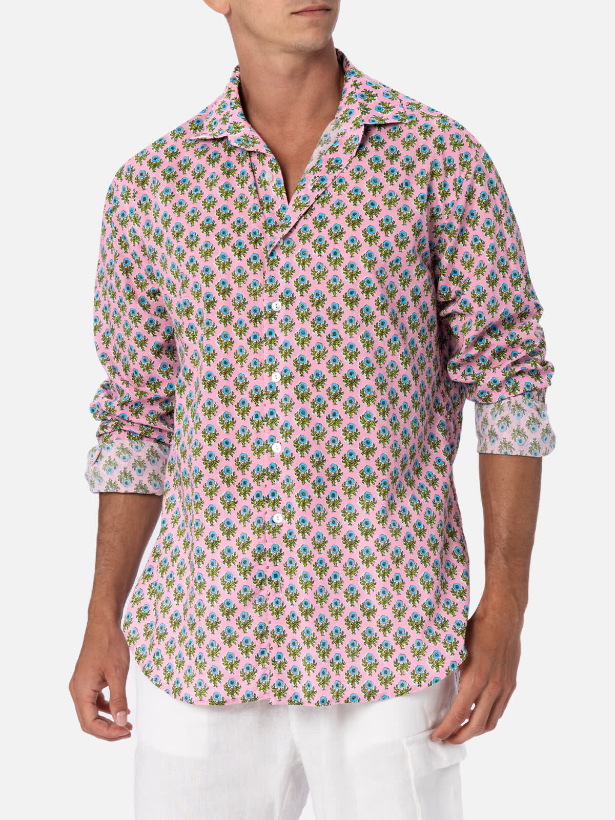 Mc2 Saint Barth Man Muslin Cotton Shirt Sikelia With Radical Flower Print In Pink