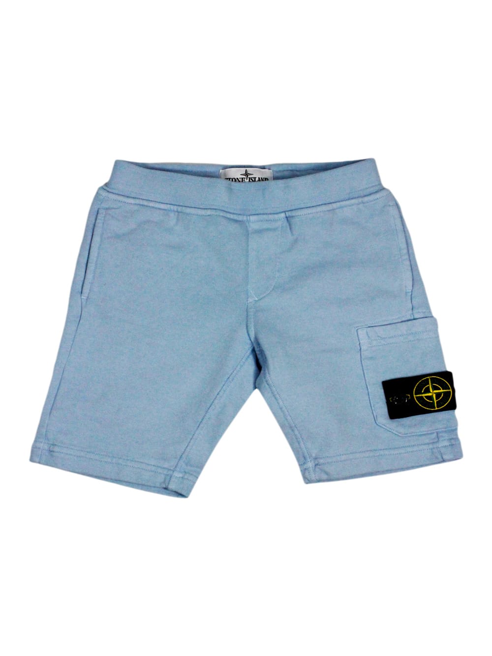 Stone Island Kids' Cotton Fleece Bermuda Shorts With Elasticated Waist And Logo Pocket On The Leg In Light Blu
