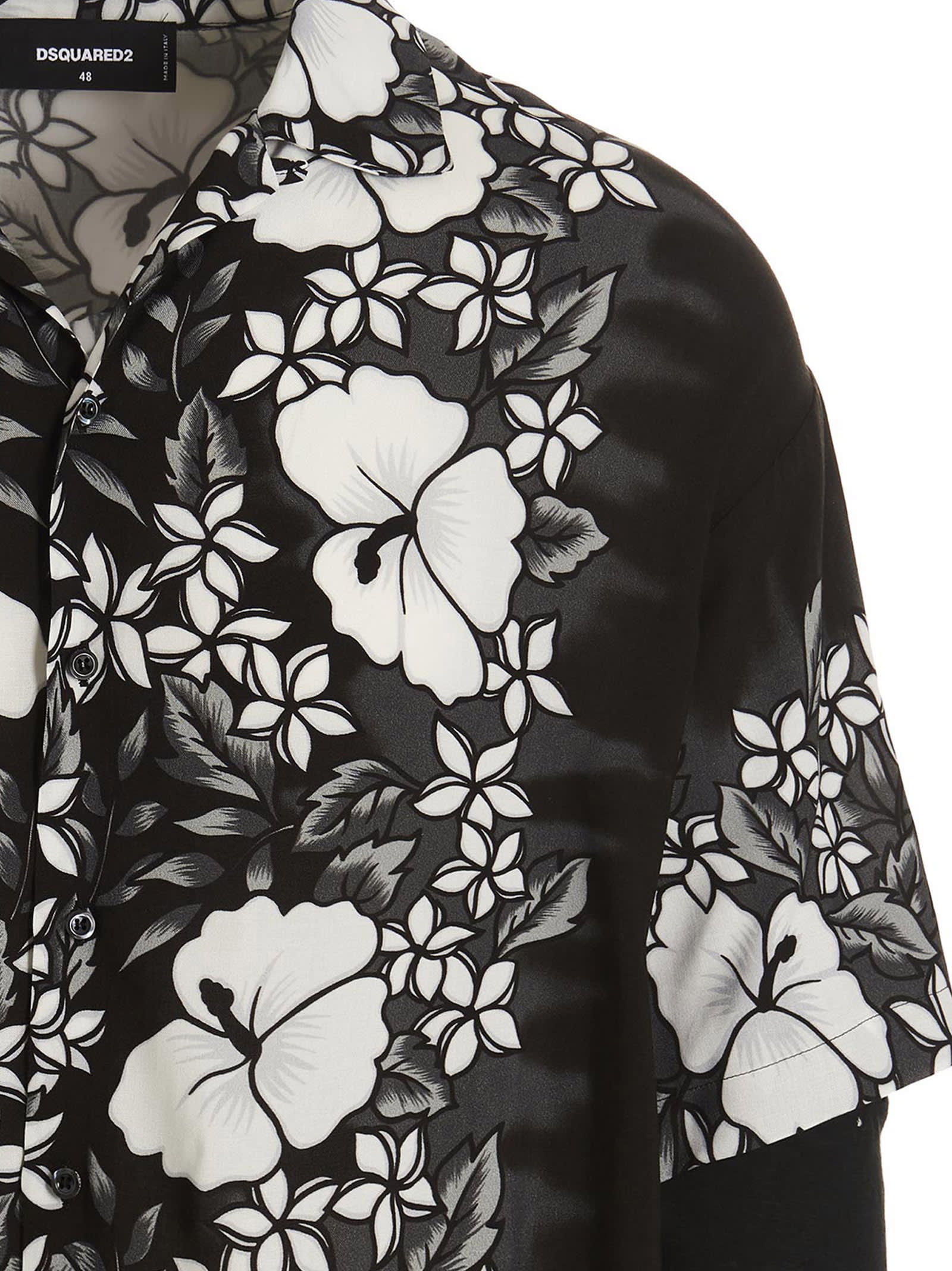 Dsquared2 Double-layered Bowling Shirt With Floral Pattern In Black/white