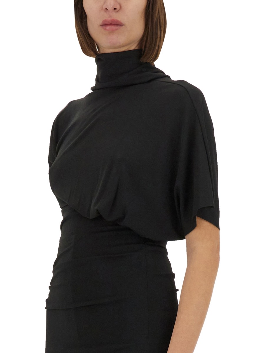 Rick Owens Asymmetric Draped Waist High Neckline Short Sleeves In Black
