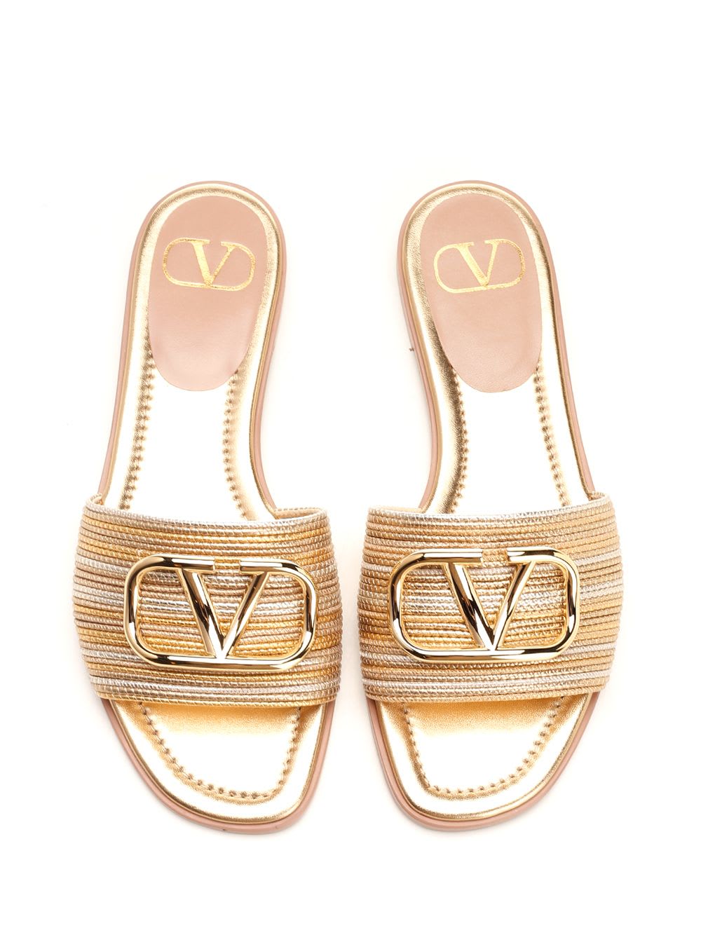 Valentino Garavani Vlogo Signature Metallic Leather Slide Sandal With Cornely Embroidery Woman Gold  In Gold
