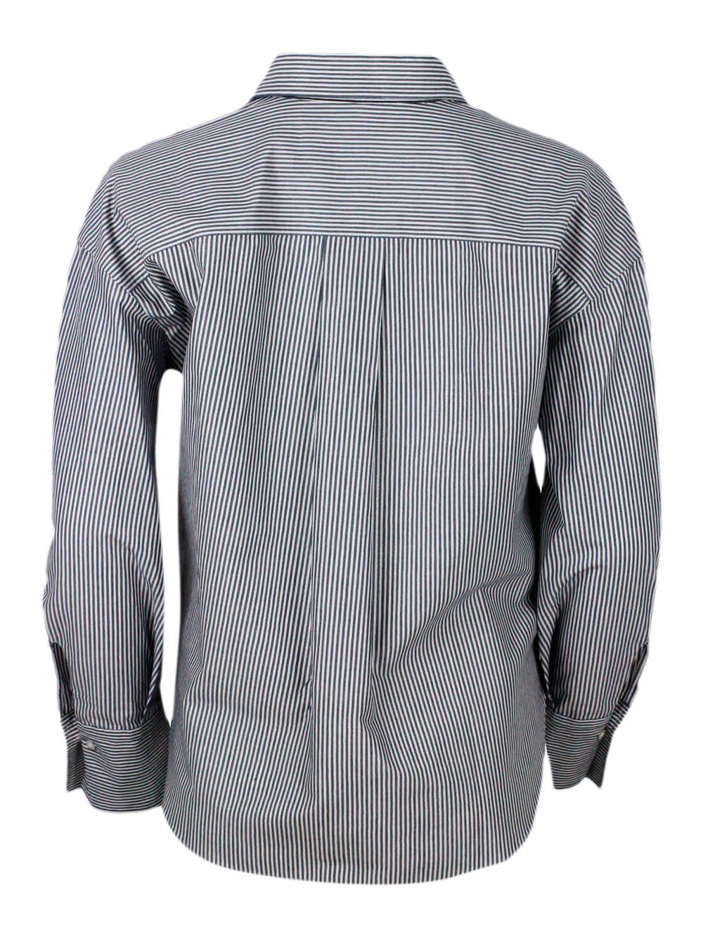 Shop Brunello Cucinelli Long-sleeved Shirt Made Of Cotton With A Striped Pattern Embellished With Bright Lurex Threads In Blu