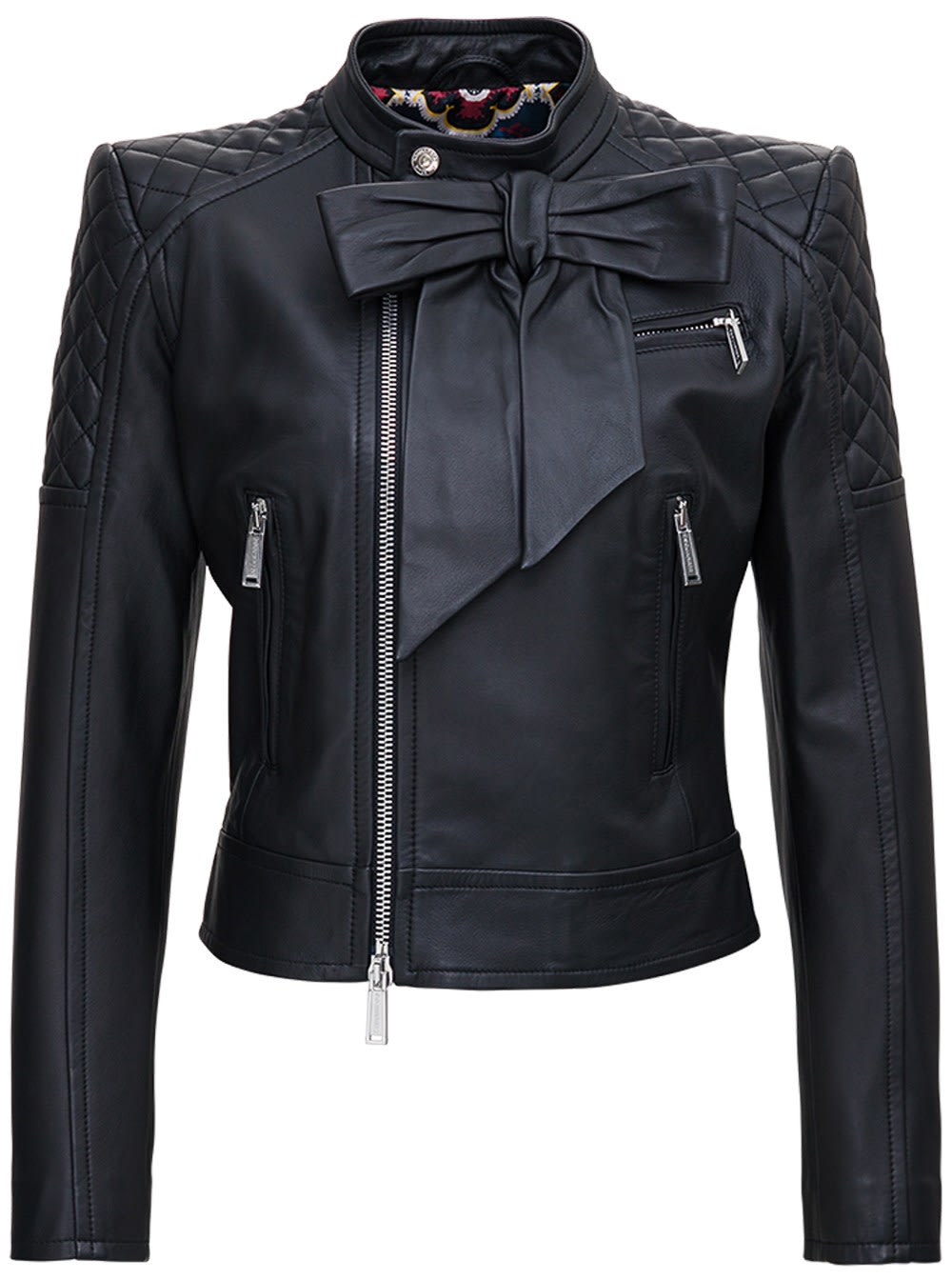 Dsquared2 Black Leather Jacket With Bow Detail