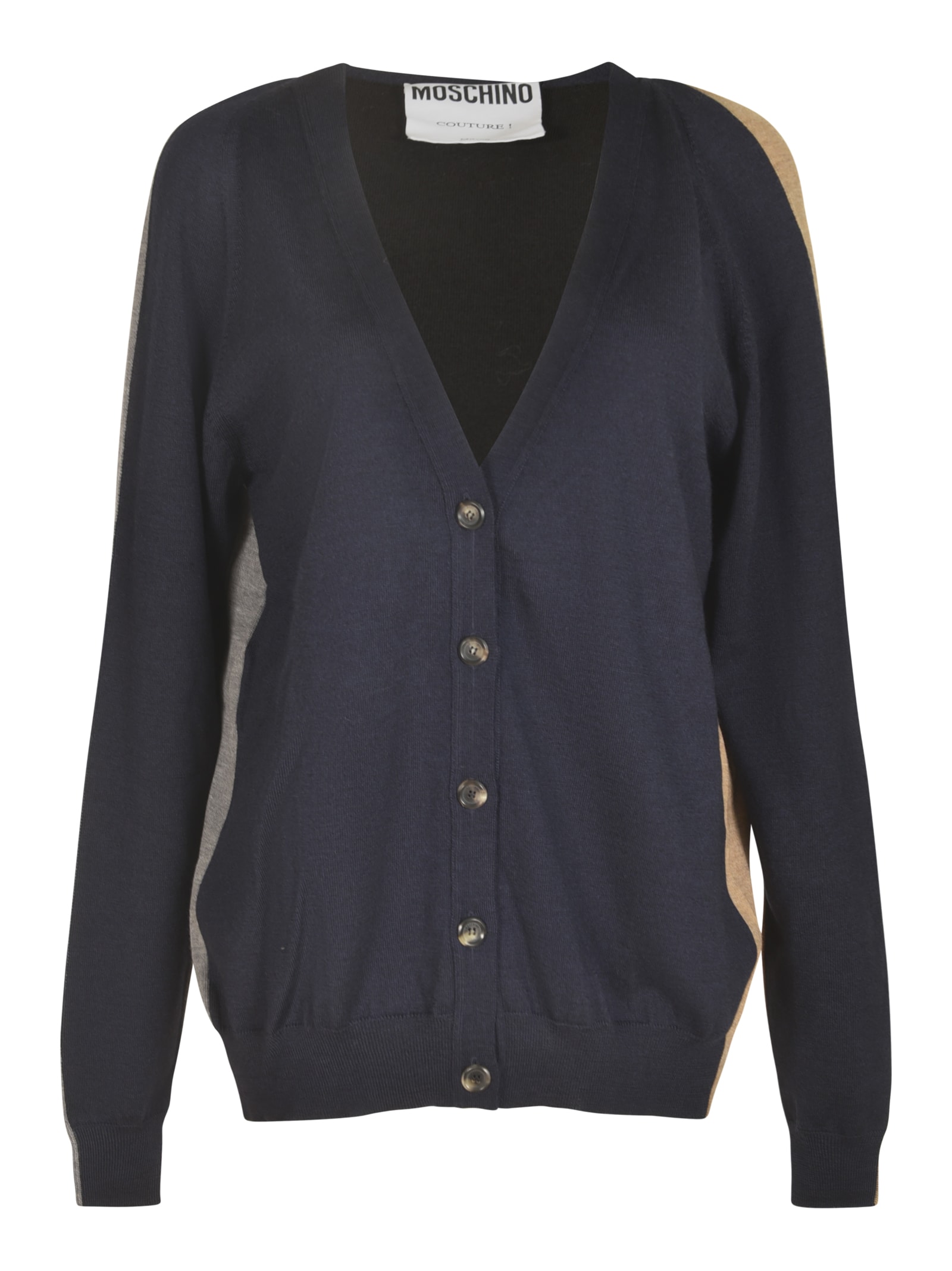 Shop Moschino Colour Block Rib Trim Cardigan In Blue