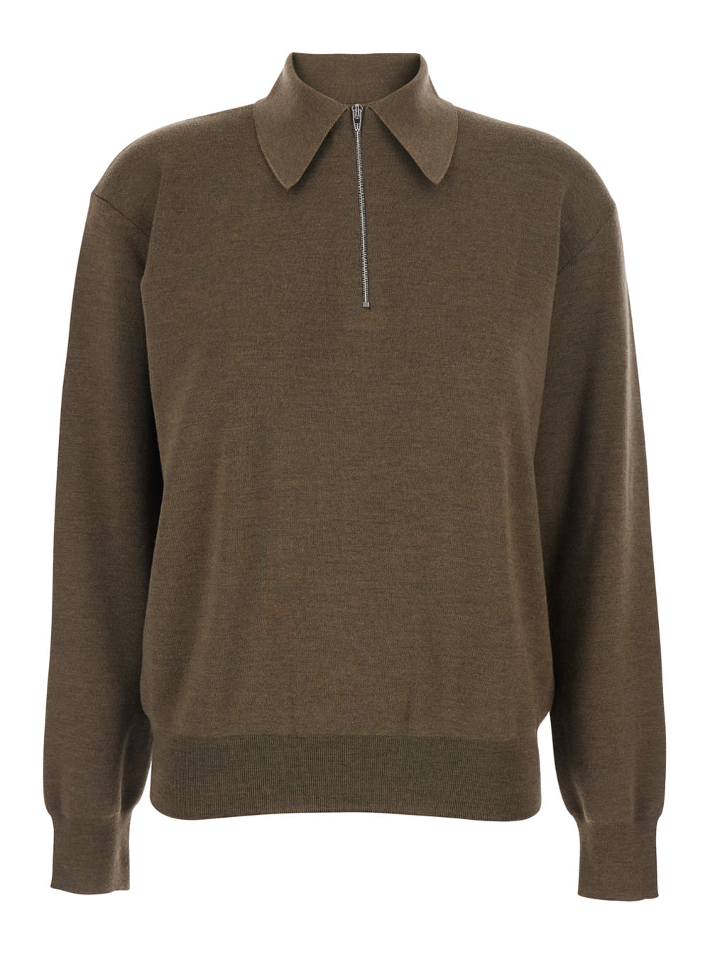Phoebe Philo Brown Polo Shirt With Classic Collar And Front Zip Closure In Wool Woman