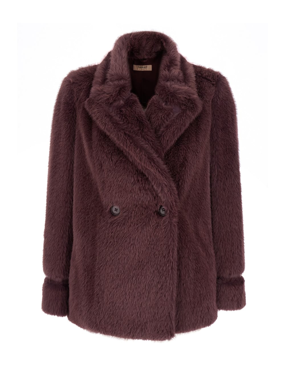 Twinset Violet Double-breasted Coat With Peak Revers In Ecofur Woman In Brown
