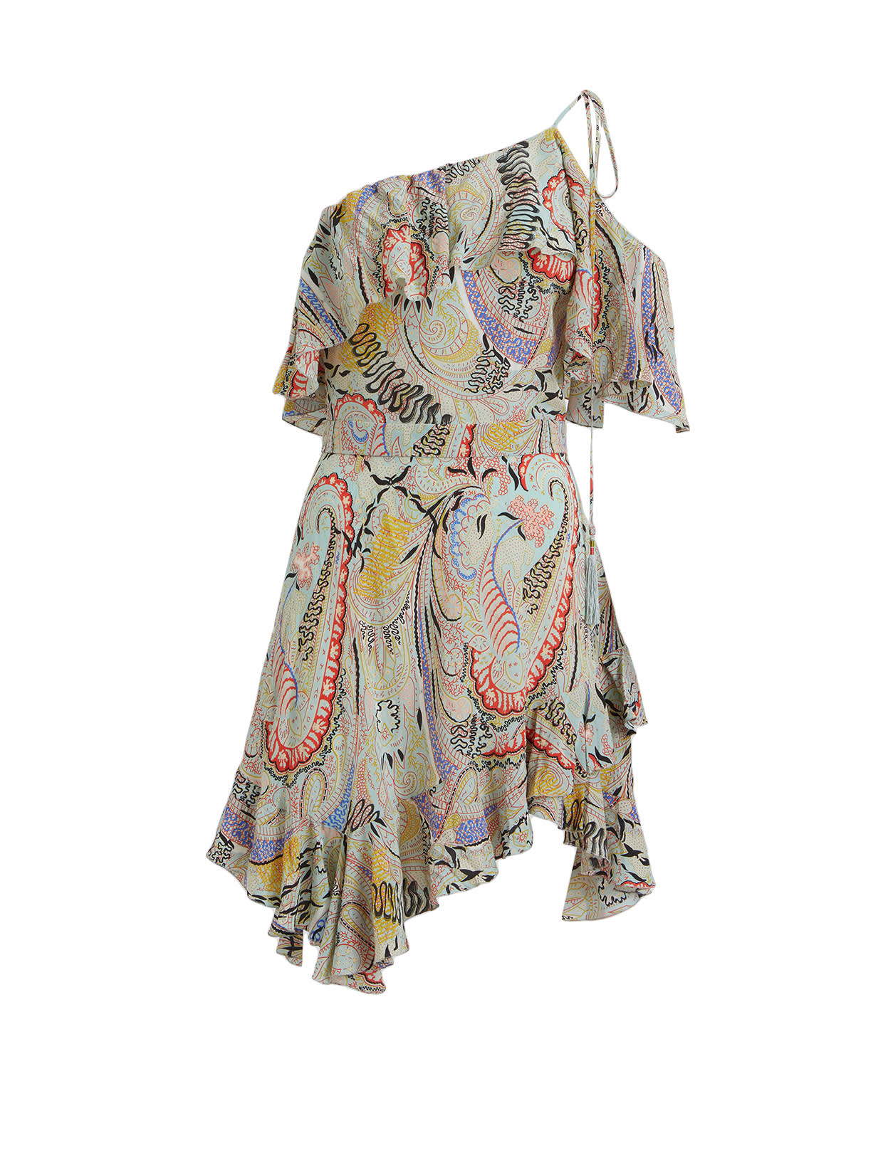 Etro Short One Shoulder Dress With Ruffles And All-over Multicolor Print