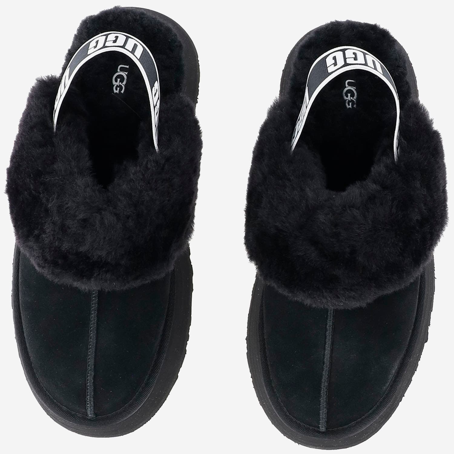 Ugg Platform Strap Mules In Black Leather With Faux Fur Trim In Black