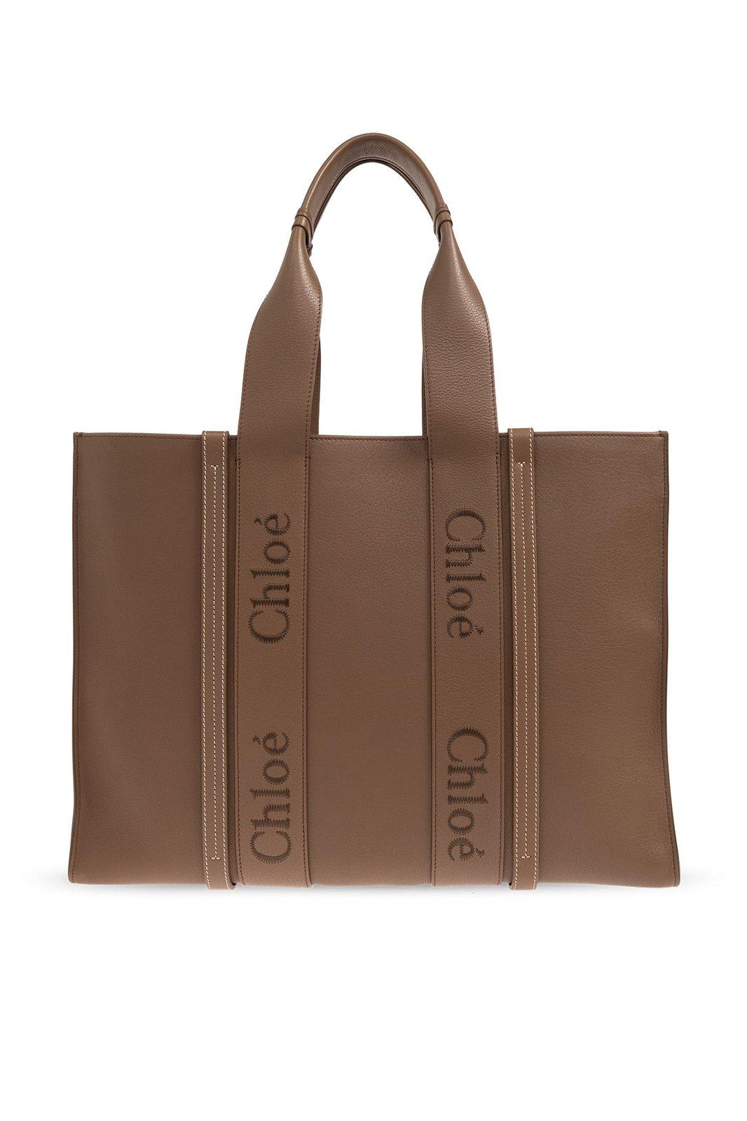Shop Chloé Logo Detailed Large Tote Bag In Brown