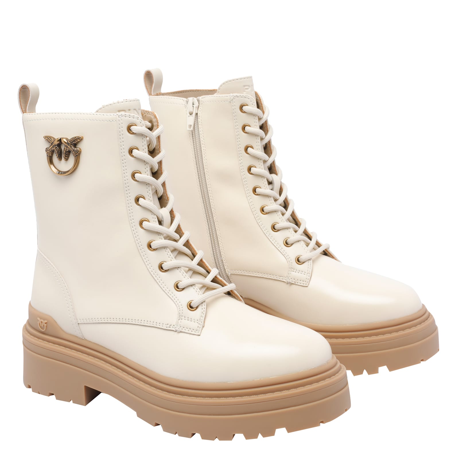 Pinko Ankle-high Leather Boots With Gold Hardware Detail In White