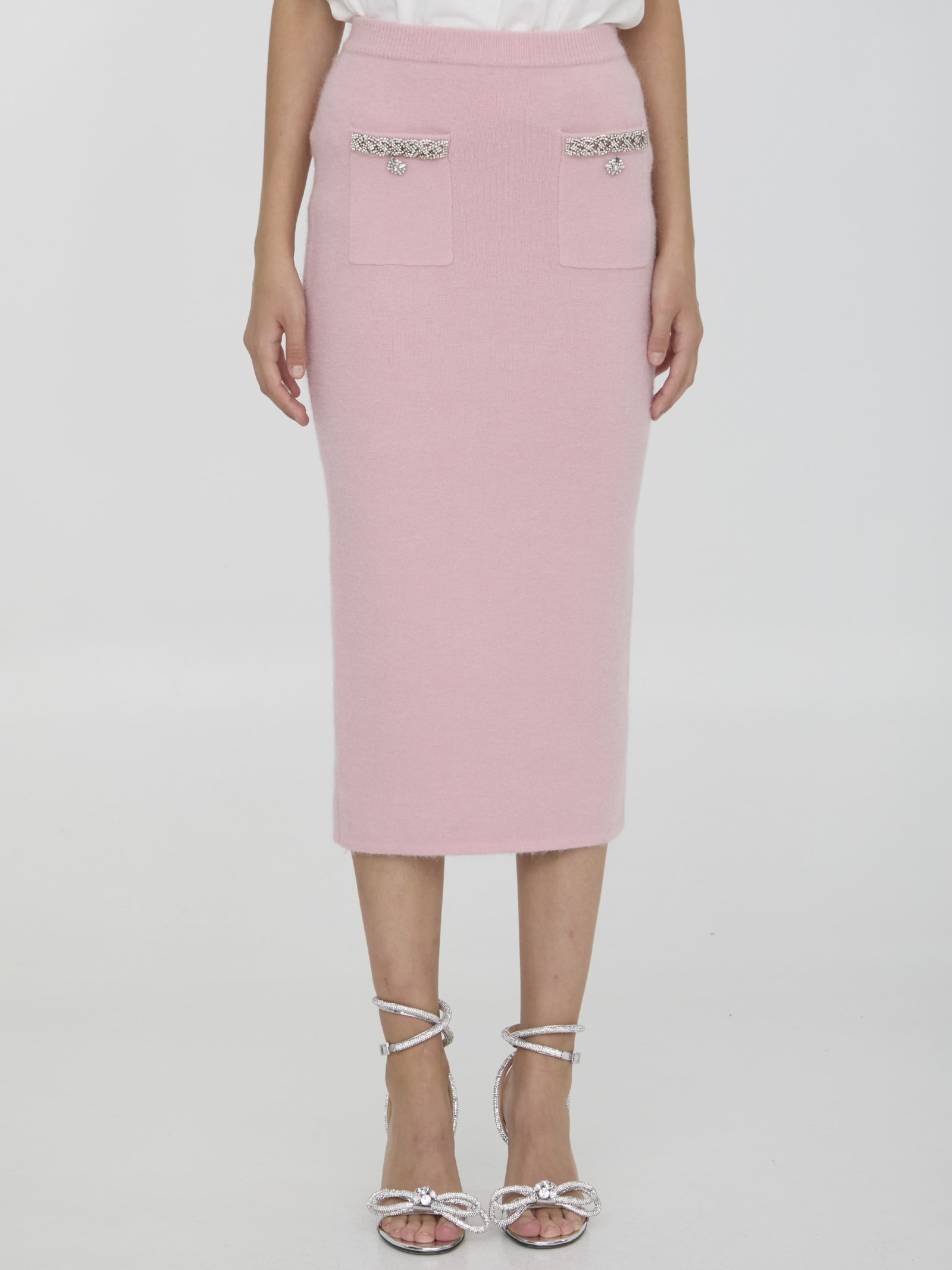 Shop Self-portrait Knit Midi Skirt In Pink