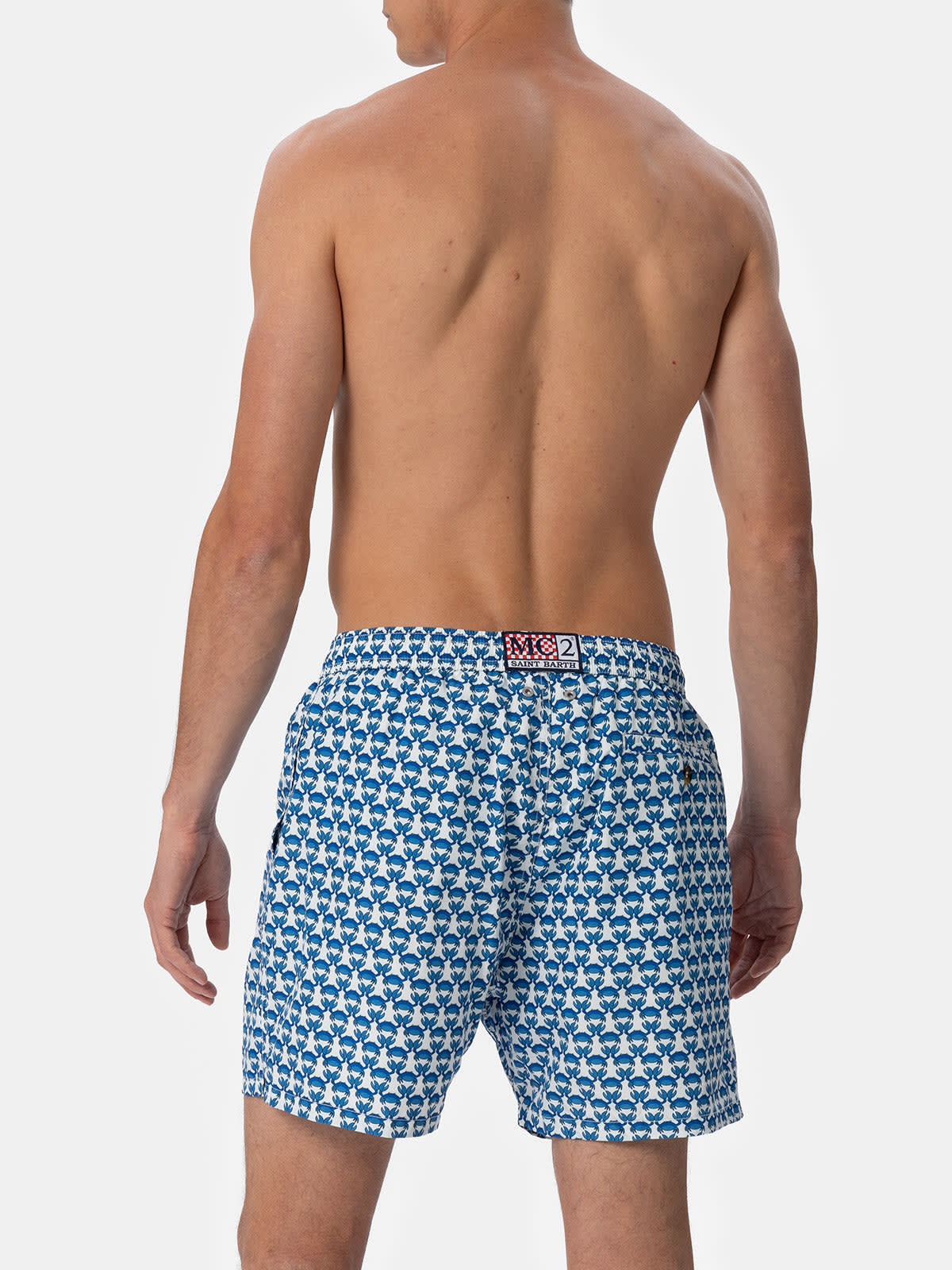 Mc2 Saint Barth Man Lightweight Fabric Swim-shorts Lighting Micro Fantasy With Crab Print In White