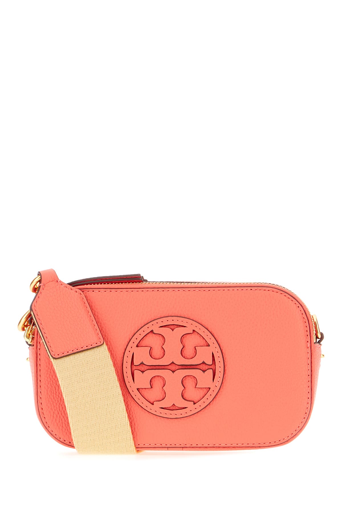 Shop Tory Burch Salmon Leather Mini Miller Crossbody Bag In Coral Crush