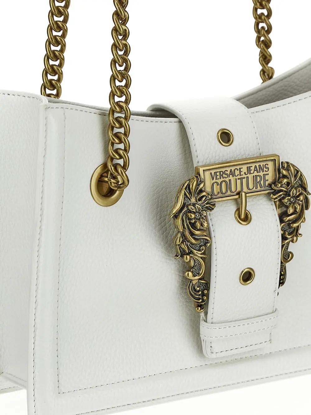 Shop Versace Jeans Couture Embossed Buckle Shoulder Bag In White