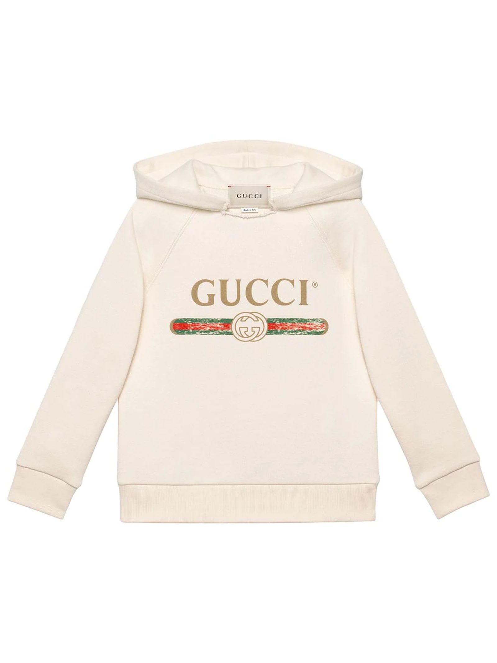 Gucci Kids' White Felted Cotton Jersey Sweatshirt In Panna