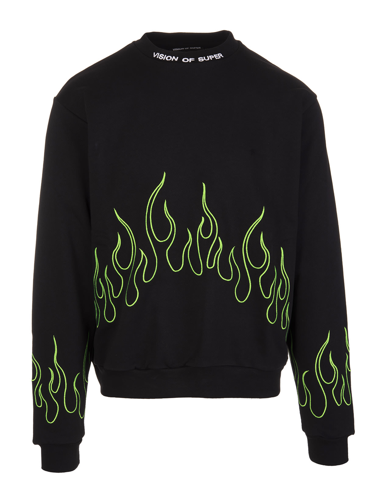 Vision of Super Man Black Sweatshirt With Embroidered Green Flames