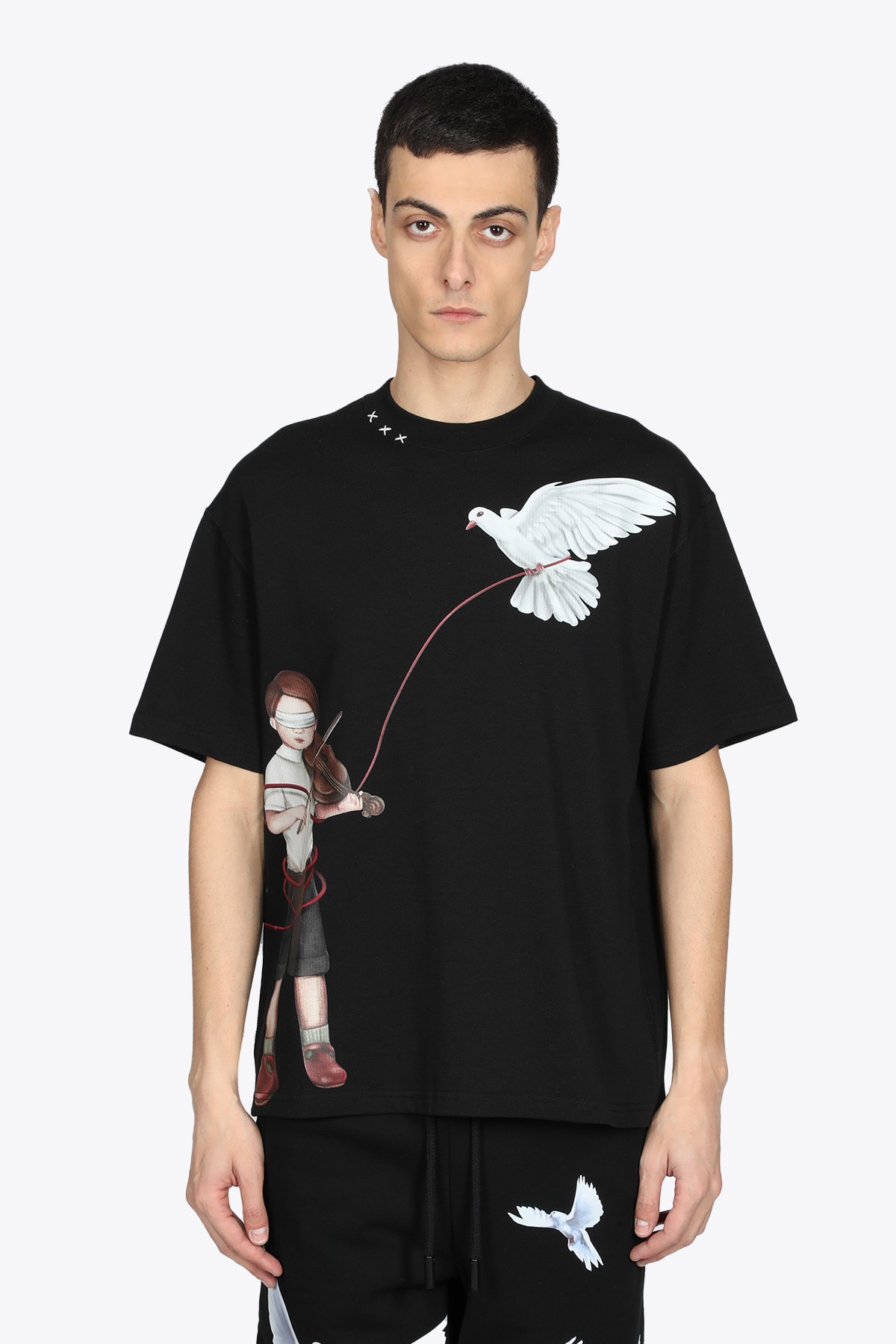 3.Paradis Violin T-shirt Black cotton t-shirt with violin and birds - Violin t-shirt