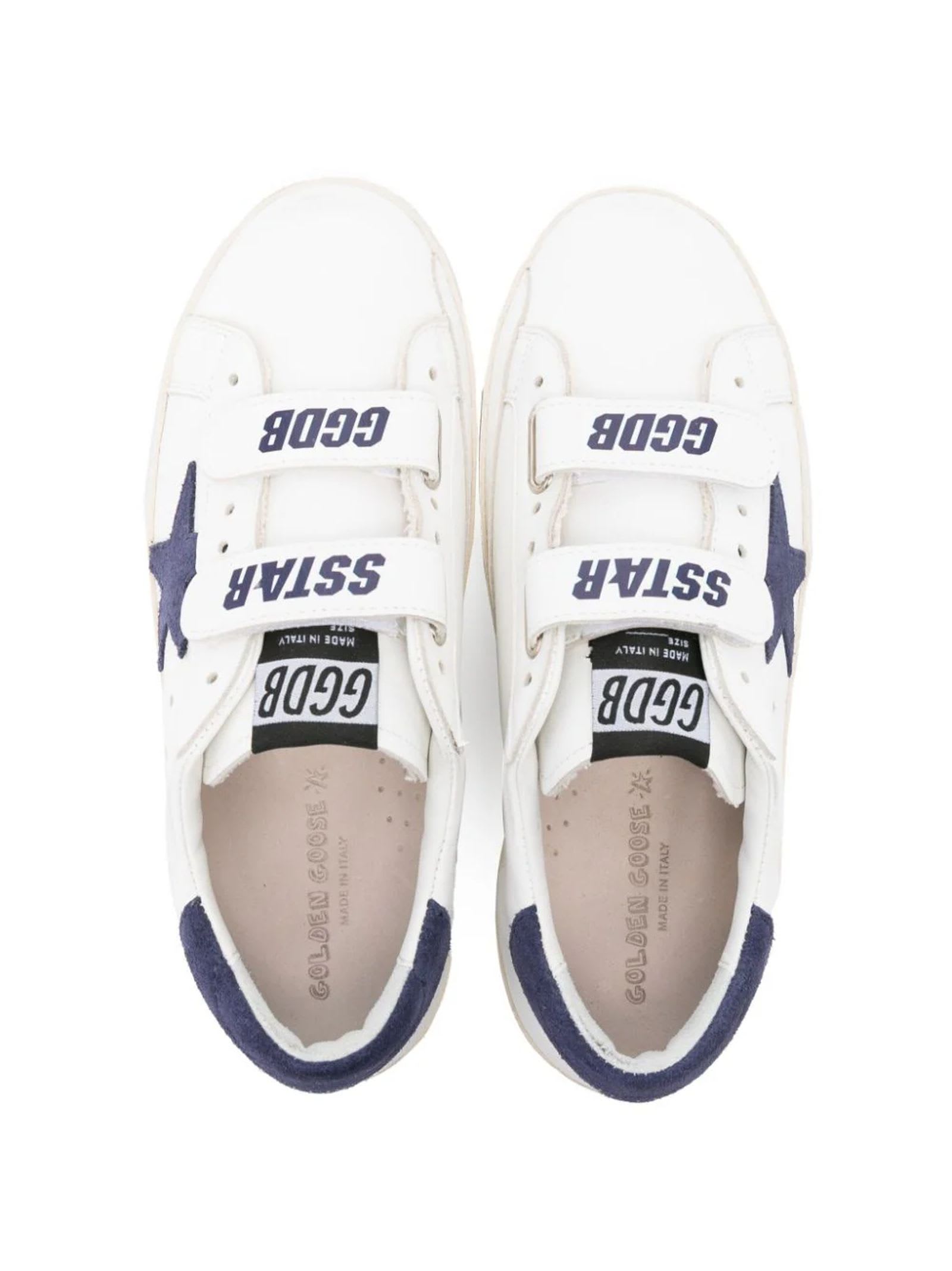 Shop Golden Goose White Leather Sneakers In White/blue Depths