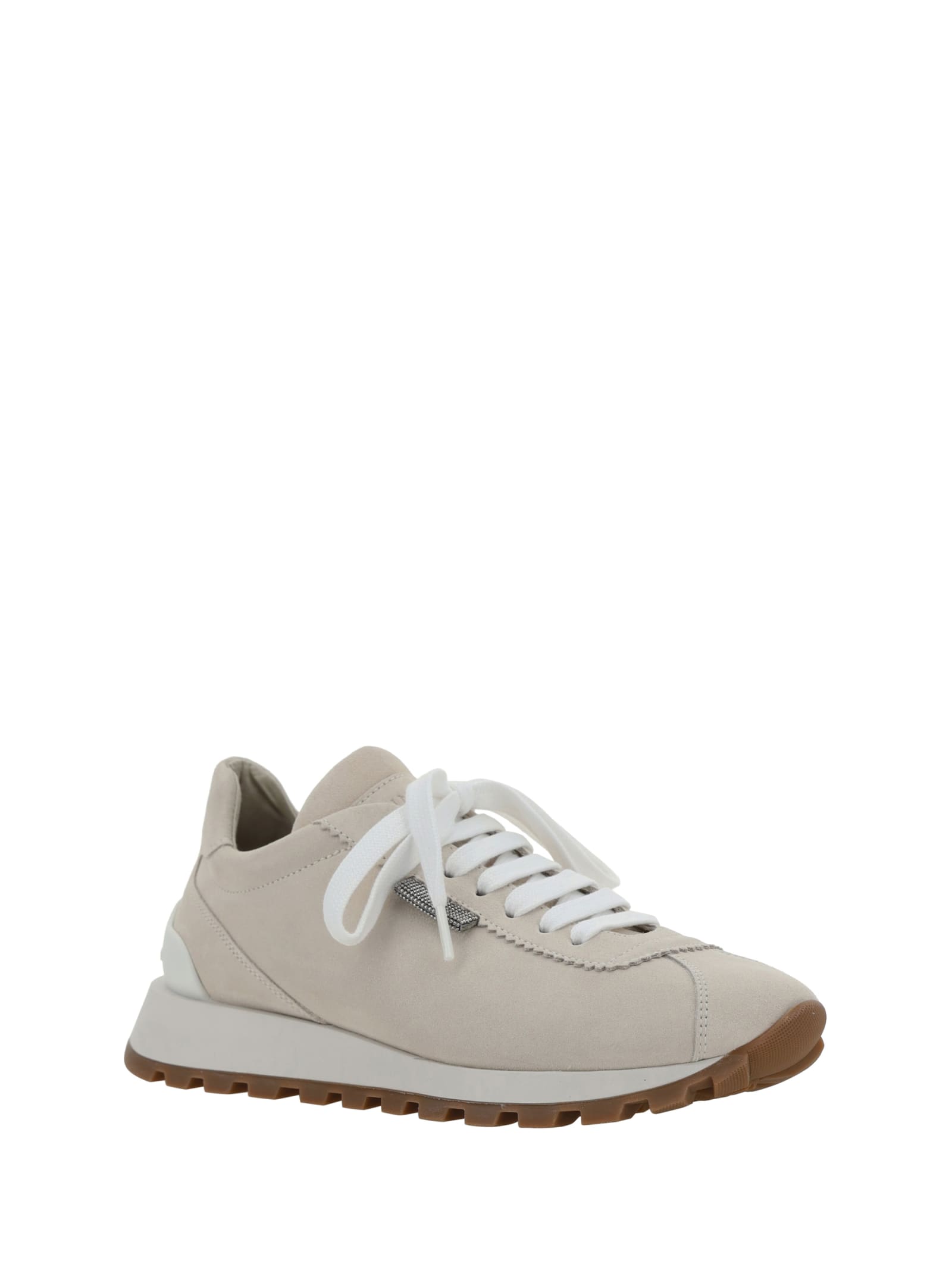 Brunello Cucinelli Beige Low Top Sneakers With Monil Detail On The Side And Embossed Logo Lettering On The Rear In Gray