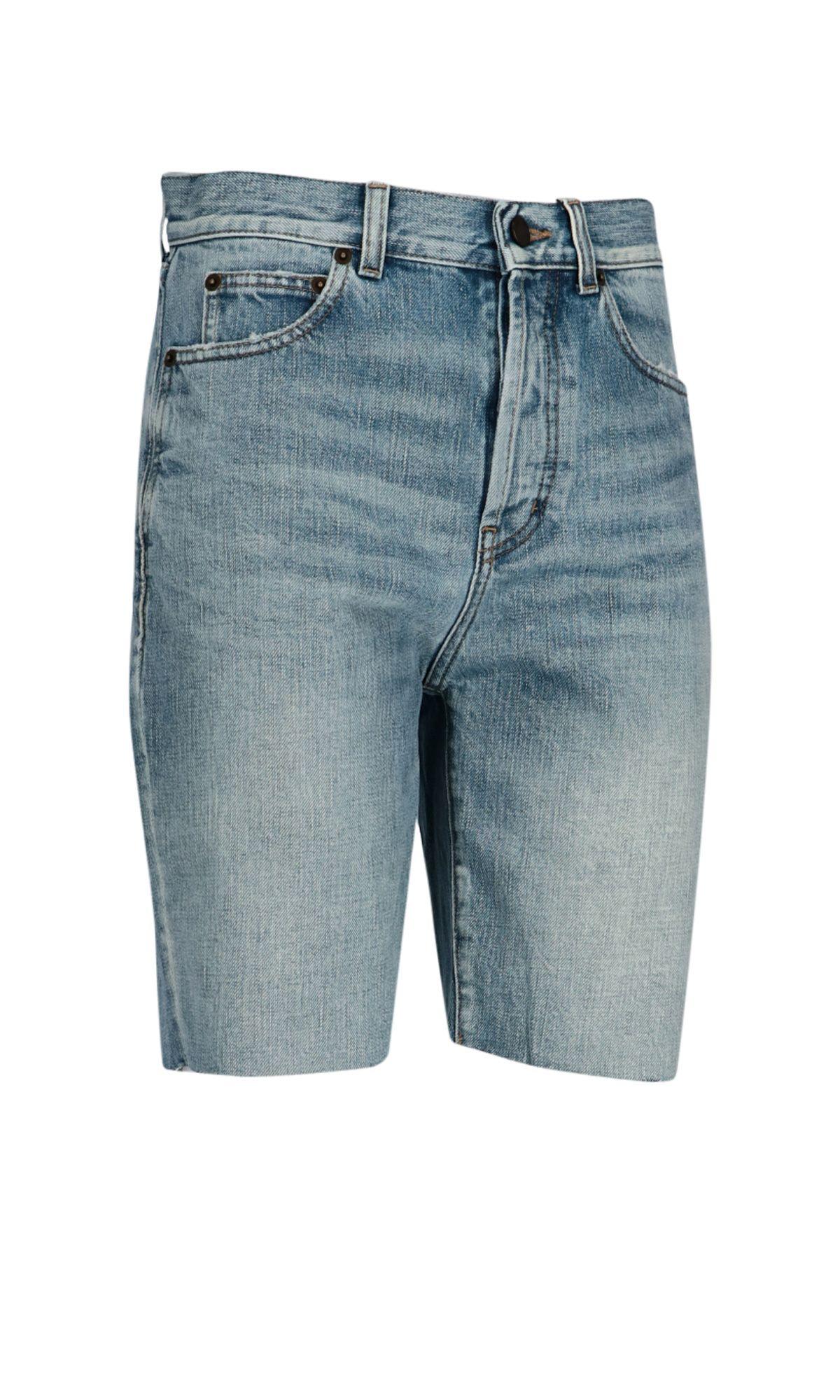 Shop Saint Laurent Raw-cut Denim Shorts In Blue