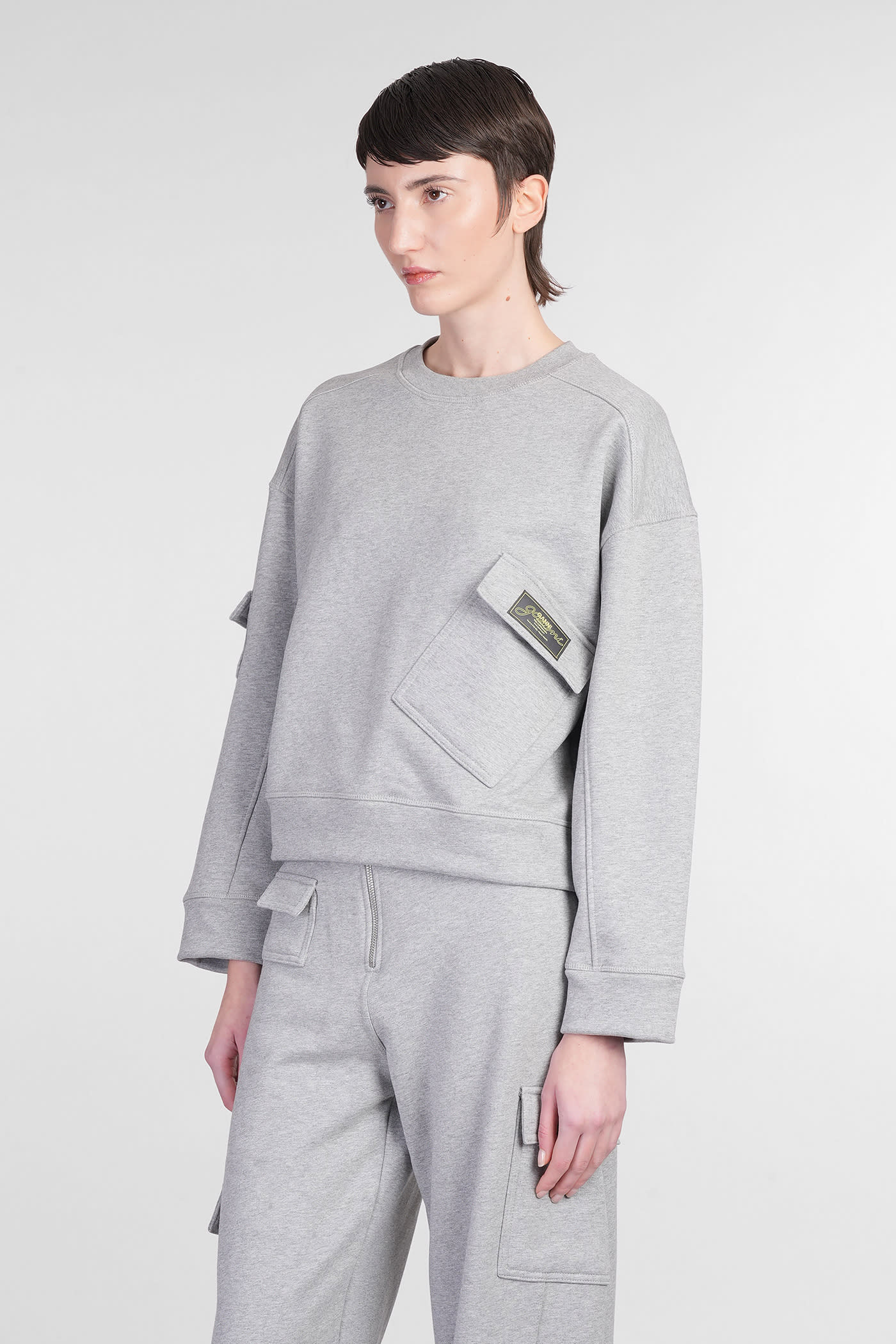 Ganni Logo Patch Crewneck Sweatshirt In Grey