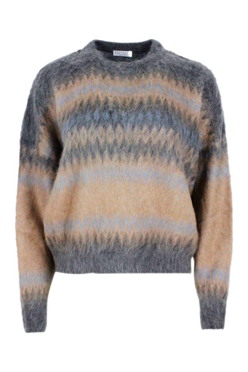 Brunello Cucinelli Long-sleeved Crew-neck Sweater In Mohair And Wool With Inlay Work For A Different Color.