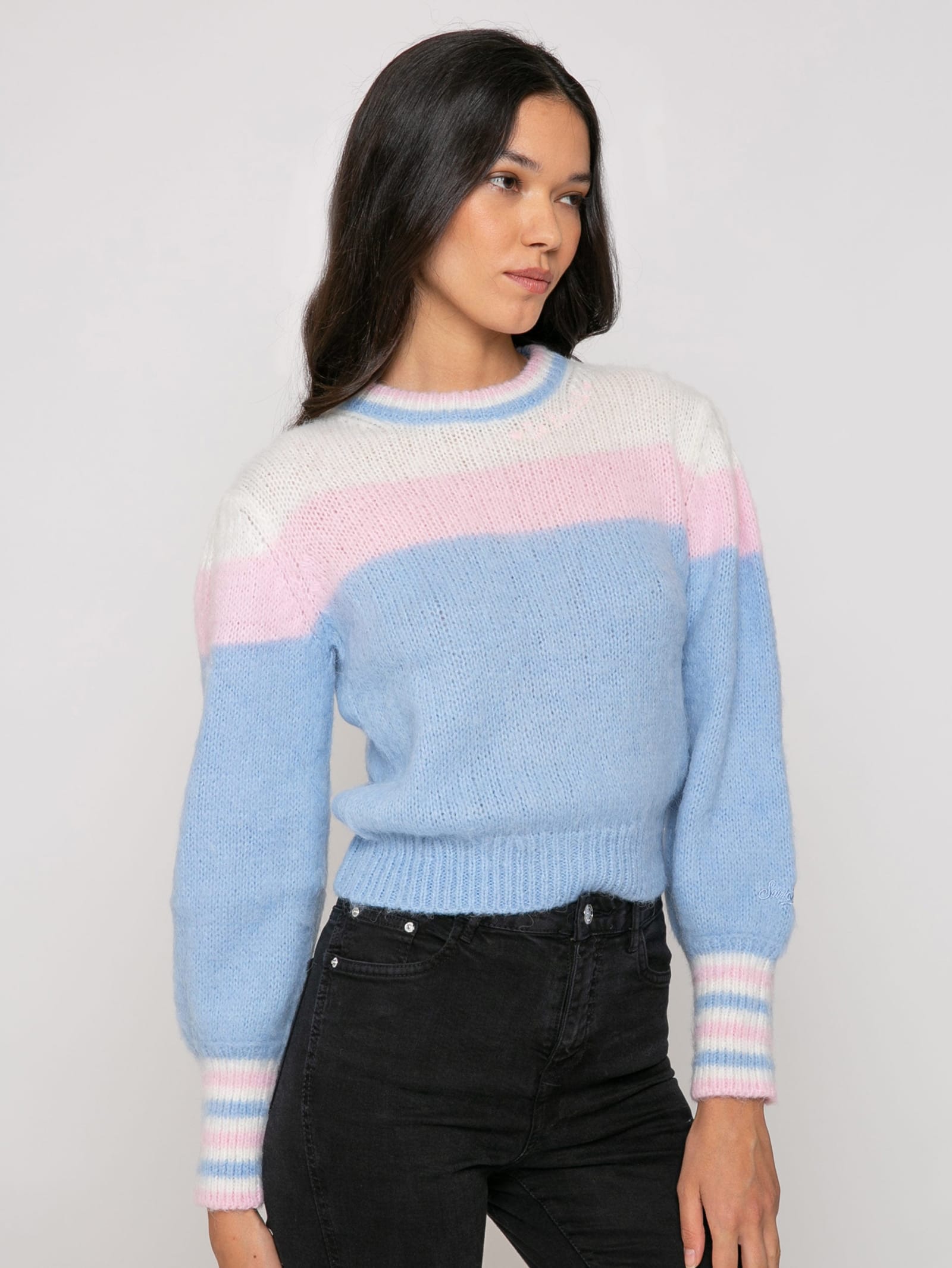MC2 Saint Barth Brushed Knit Sweater With Puff Sleeves And St. Barth Embroidery