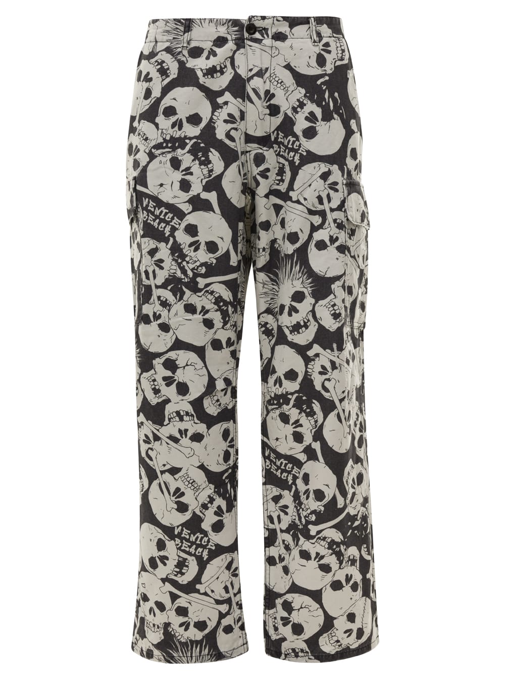Black And White Low-waisted Cargo Pants With All-over Skull Print In Linen Unisex Erl
