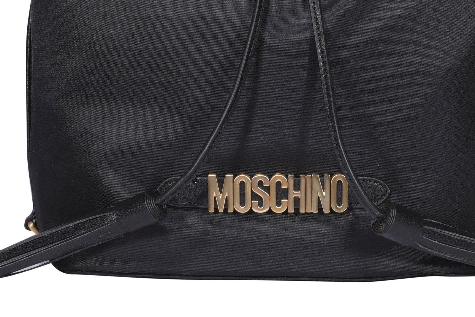 Shop Moschino Logo Plaque Drawstring Bucket Bag In 1555