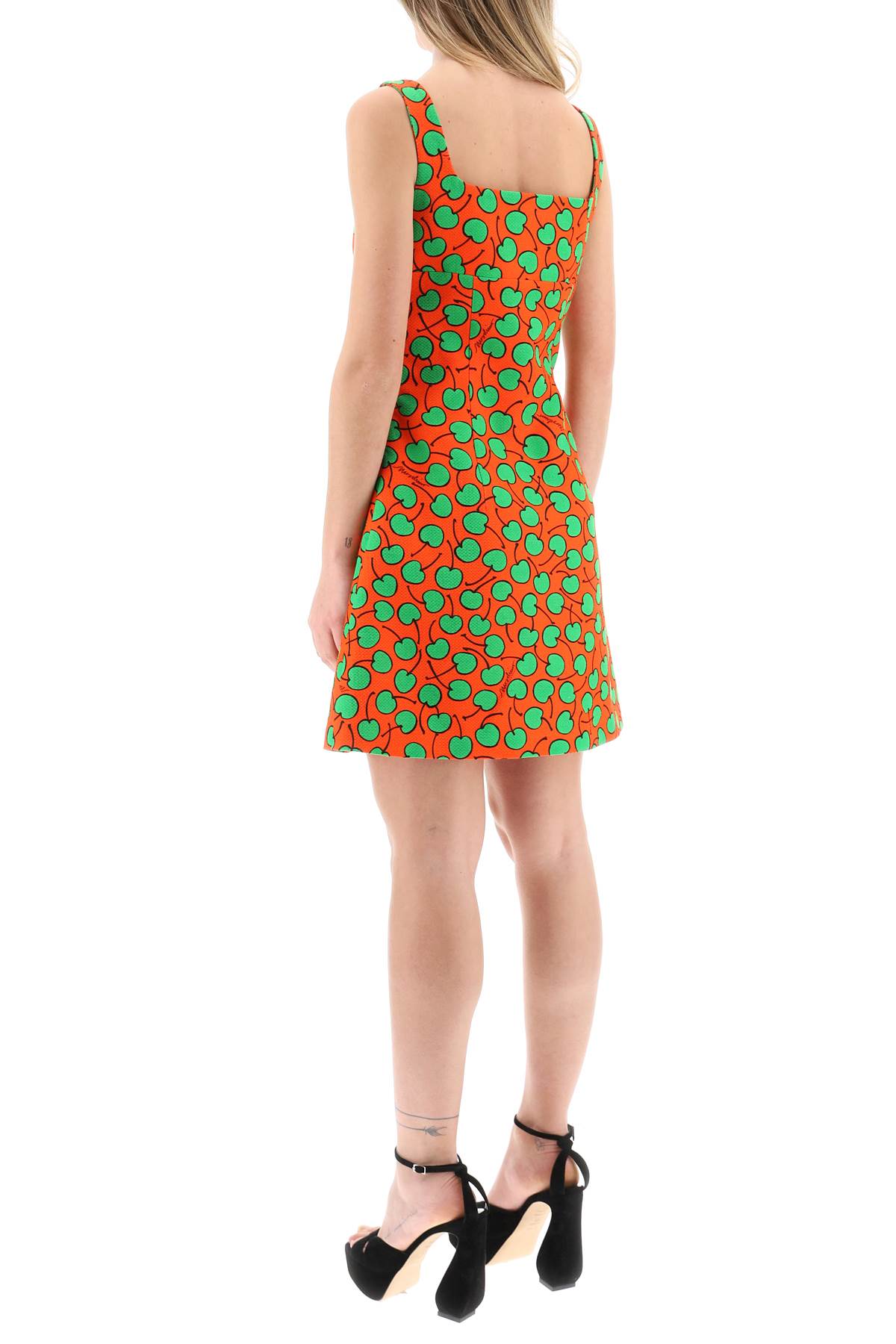 Shop Moschino Cherry Print Short Dress In Fantasia Rosso (orange)