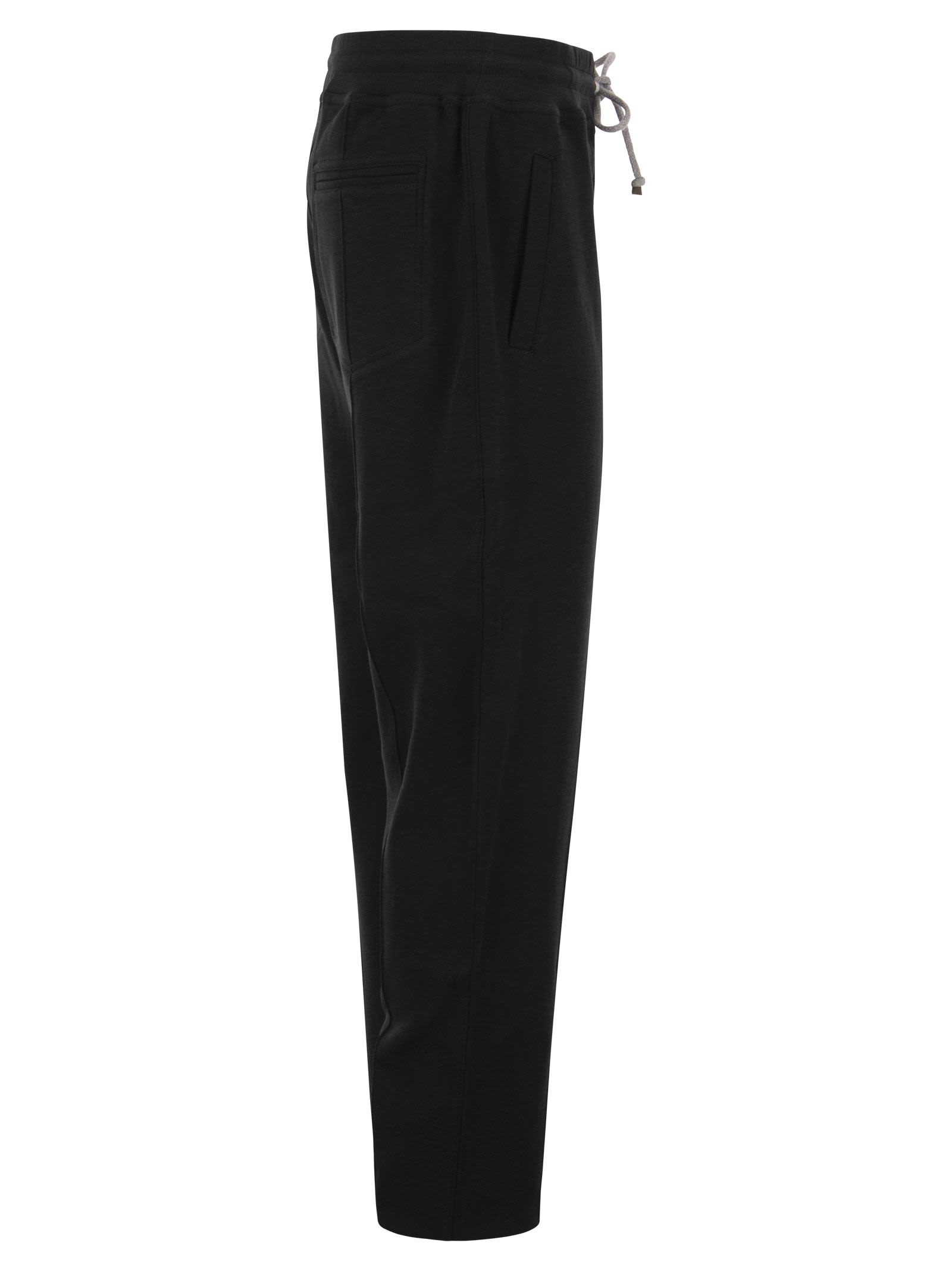 Shop Brunello Cucinelli Techno Cotton Fleece Trousers With Crête In Black